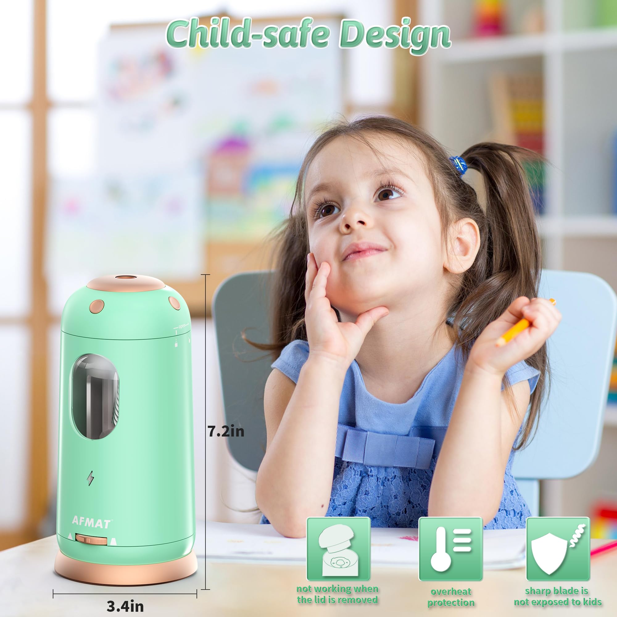 AFMAT Vollautomatischer Elektrischer Anspitzer für Kinder, USB Wiederaufladbarer Bleistiftspitzer für 7-11.5mm Bleistifte und Buntstifte, mit Behälter, Grün PSC8