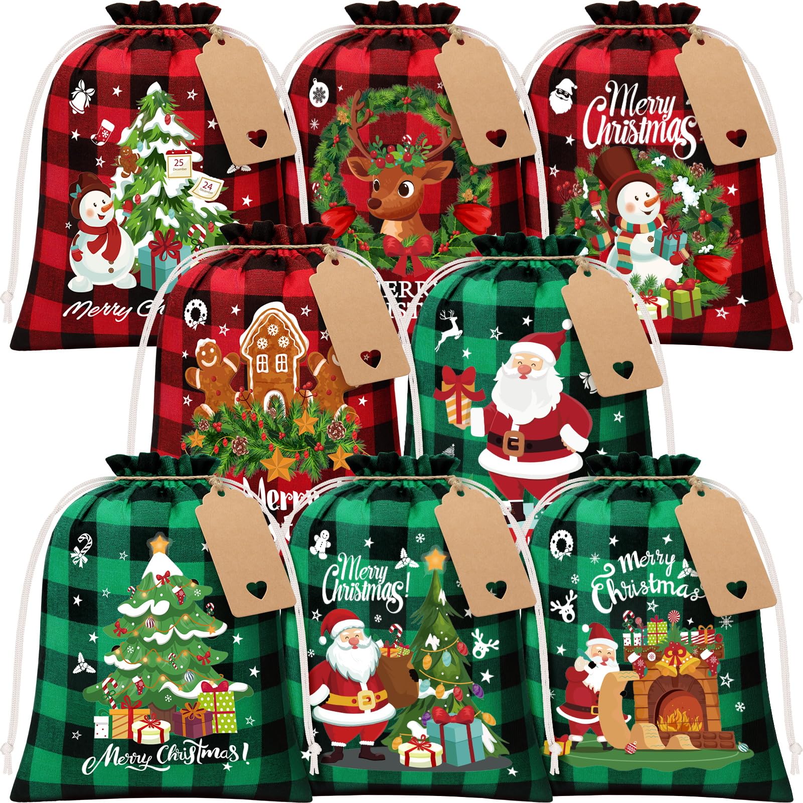 Jutebeutel mit Kordelzug, 20,3 x 25,4 cm, Büffelkariert, Weihnachts-Geschenktüten mit Etikett, Weihnachts-Süßigkeitentüten, mittelgroße Weihnachts-Leinen-Tüten, Geschenktüten, wiederverwendbare