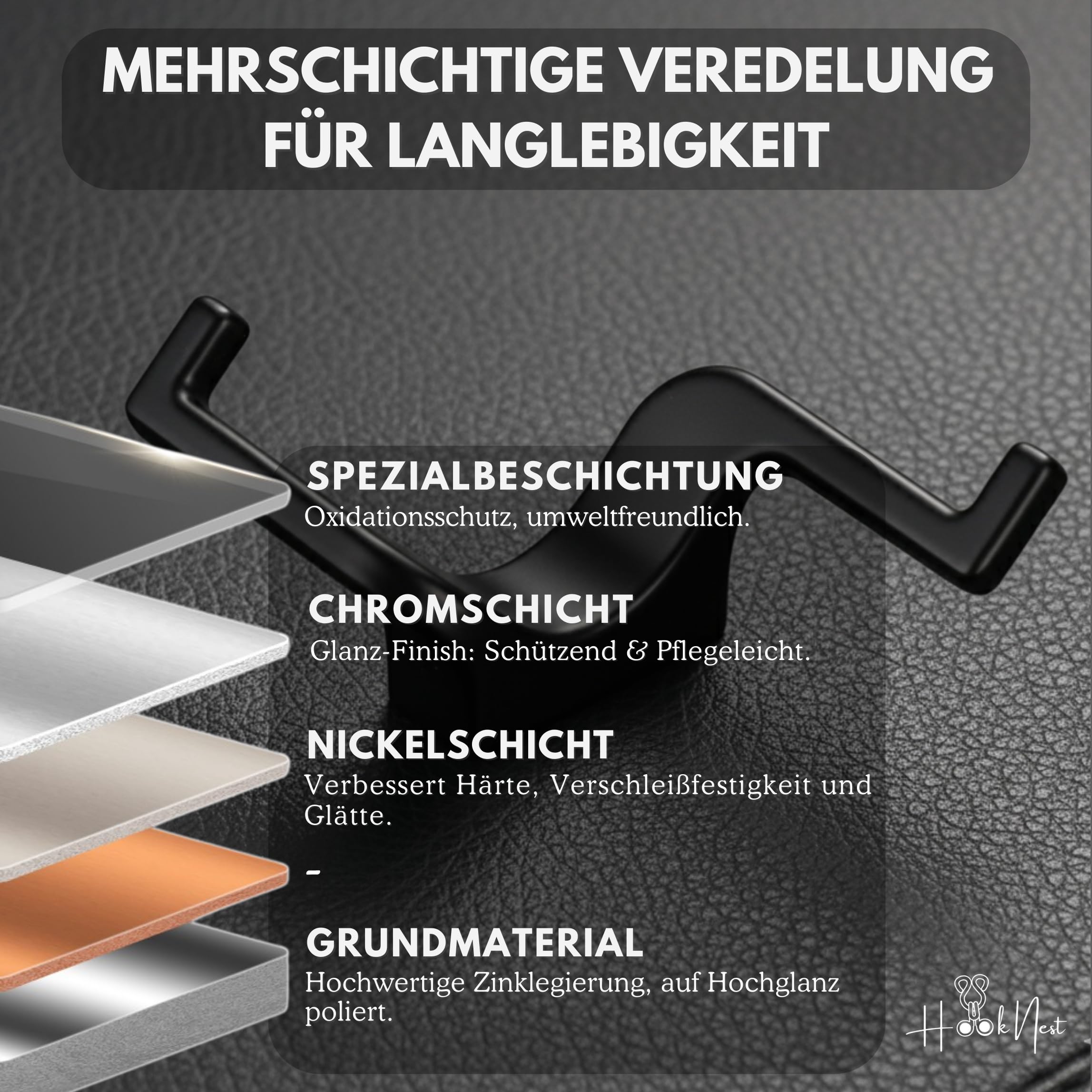 Wandhaken Schwarz Matt 4er Set – Doppelhaken aus Zinklegierung | Verdeckte Schrauben | Bis 5 kg | Garderobenhaken für Flur, Bad, Küche & Schlafzimmer