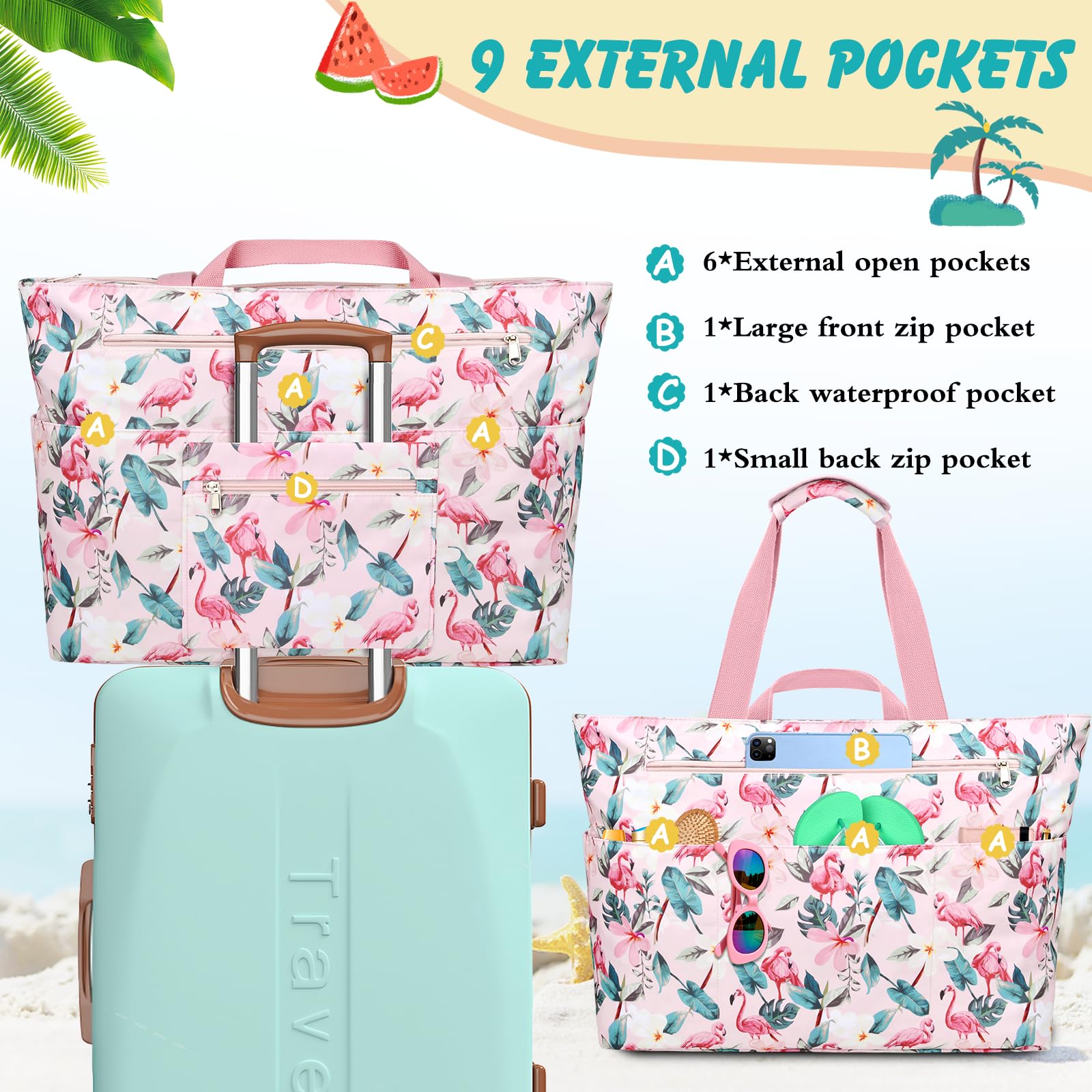Bolsa Playa Mujer Grande Xxl Familiar Bolsos Playa Con Cremallera Beach Bag Plegable Bolsa Viaje Ligero Tote Bag Mujer Para Playa, Viajes, Picnic. 50L