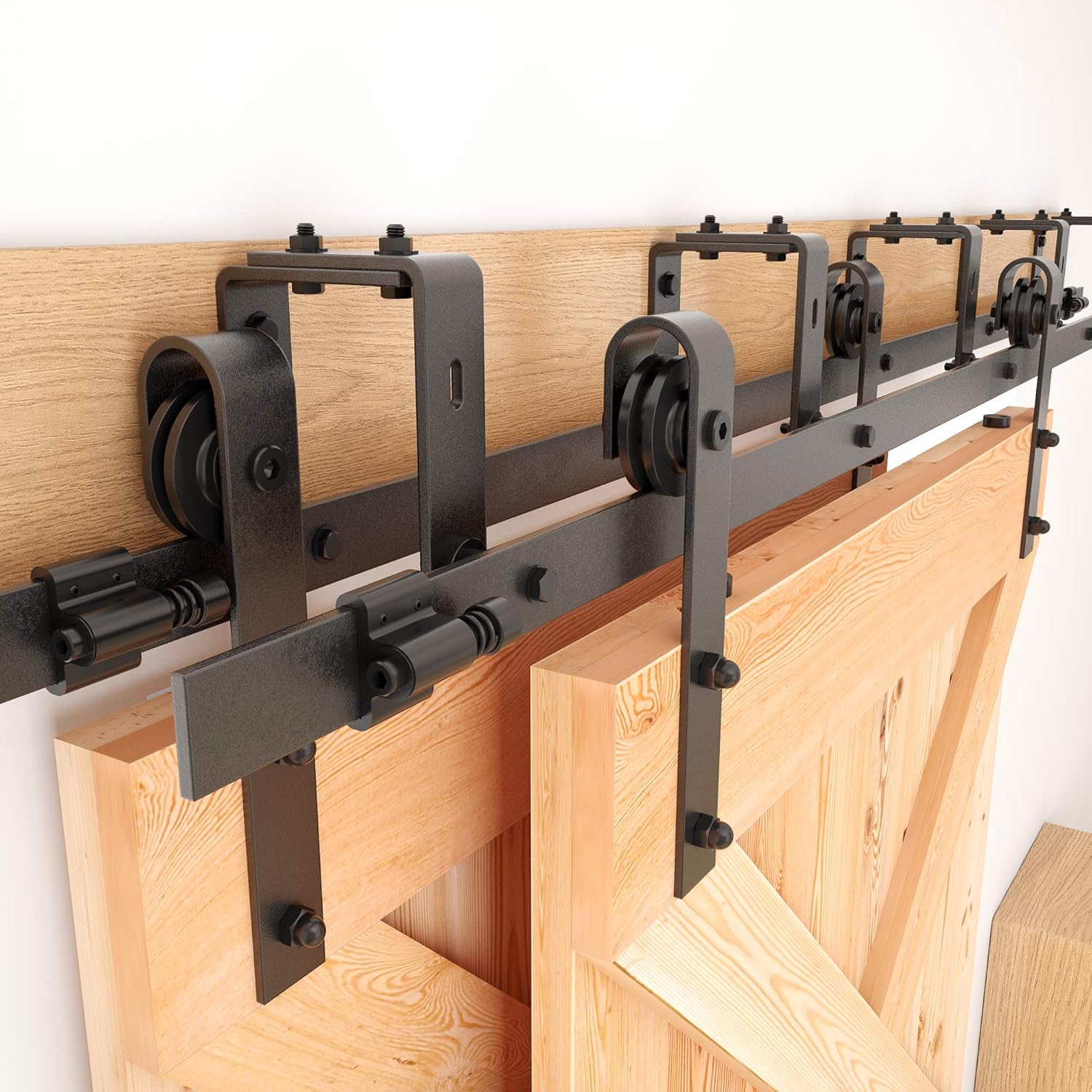 Flash Deals - 70% OFF 8 FT Heavy Duty Bypass Double Door Sliding Barn Door Hardware (Powder Coated Frosted Black) (J Shape Hangers) (2 x 8 Foot Solid Rails) Installation Video Included by Homeland Hardware