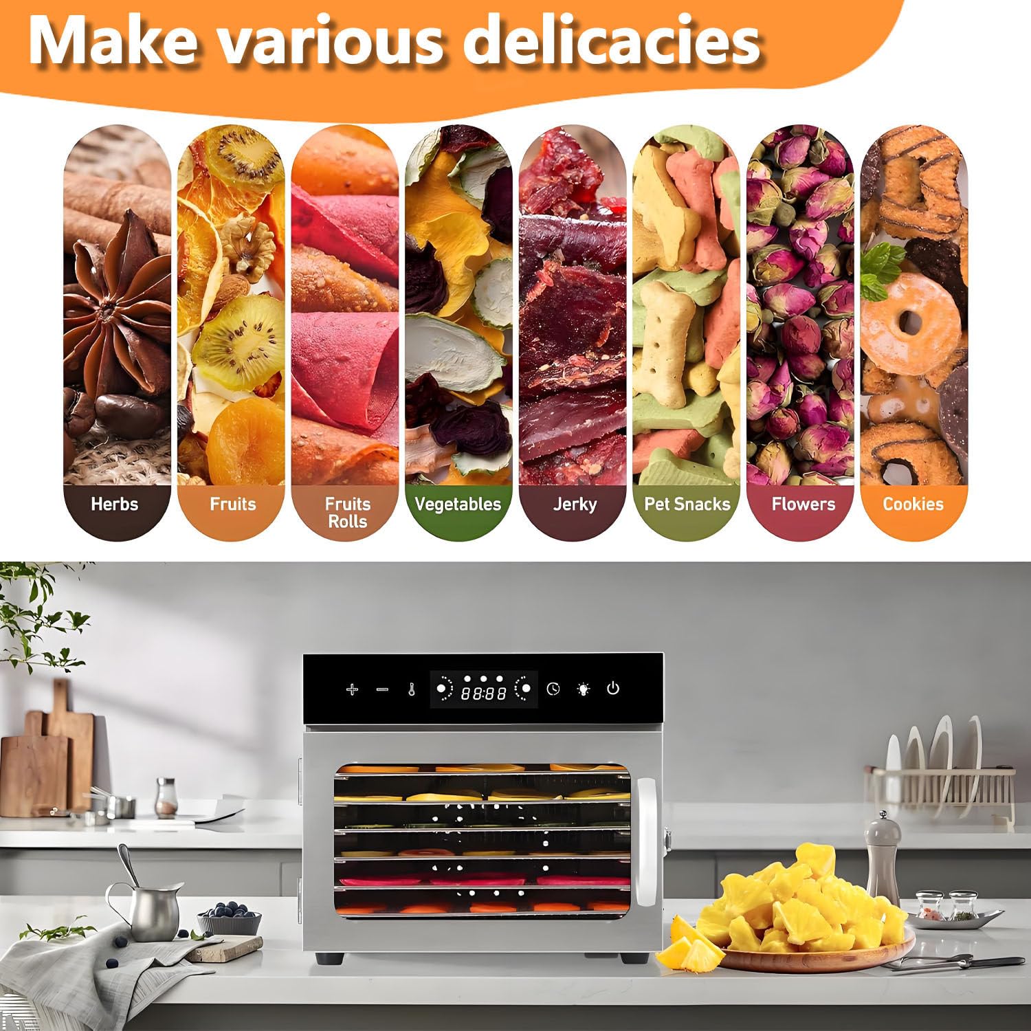 Essiccatore Alimentare Commerciale da 6/8/12/18 vassoi, essiccatore Alimentare in Acciaio Inossidabile - Temperatura Digitale Regolabile 30-90 ℃ per Frutta e Verdura 18-Trays