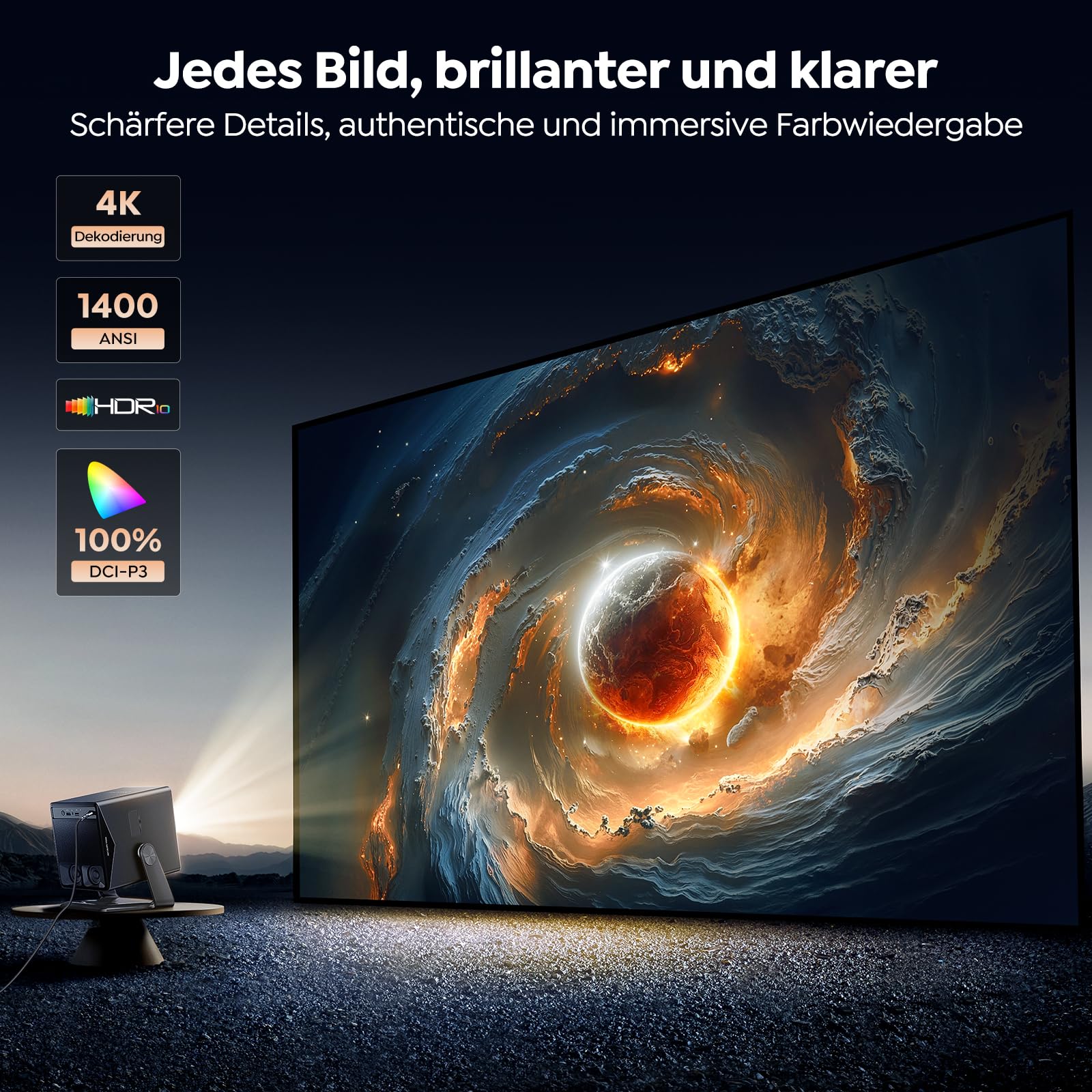Beamer 4K [Schnellste VIDAA OS] Kompatibel mit Netflix & Dolby Audio, 1400ANSI 1080P Smart Beamer Heimkino Autofokus Trapezkorrektur, WiFi 6 & Bluetooth 5.4, 200°Drehbar Tragbarer Outdoor Projektor