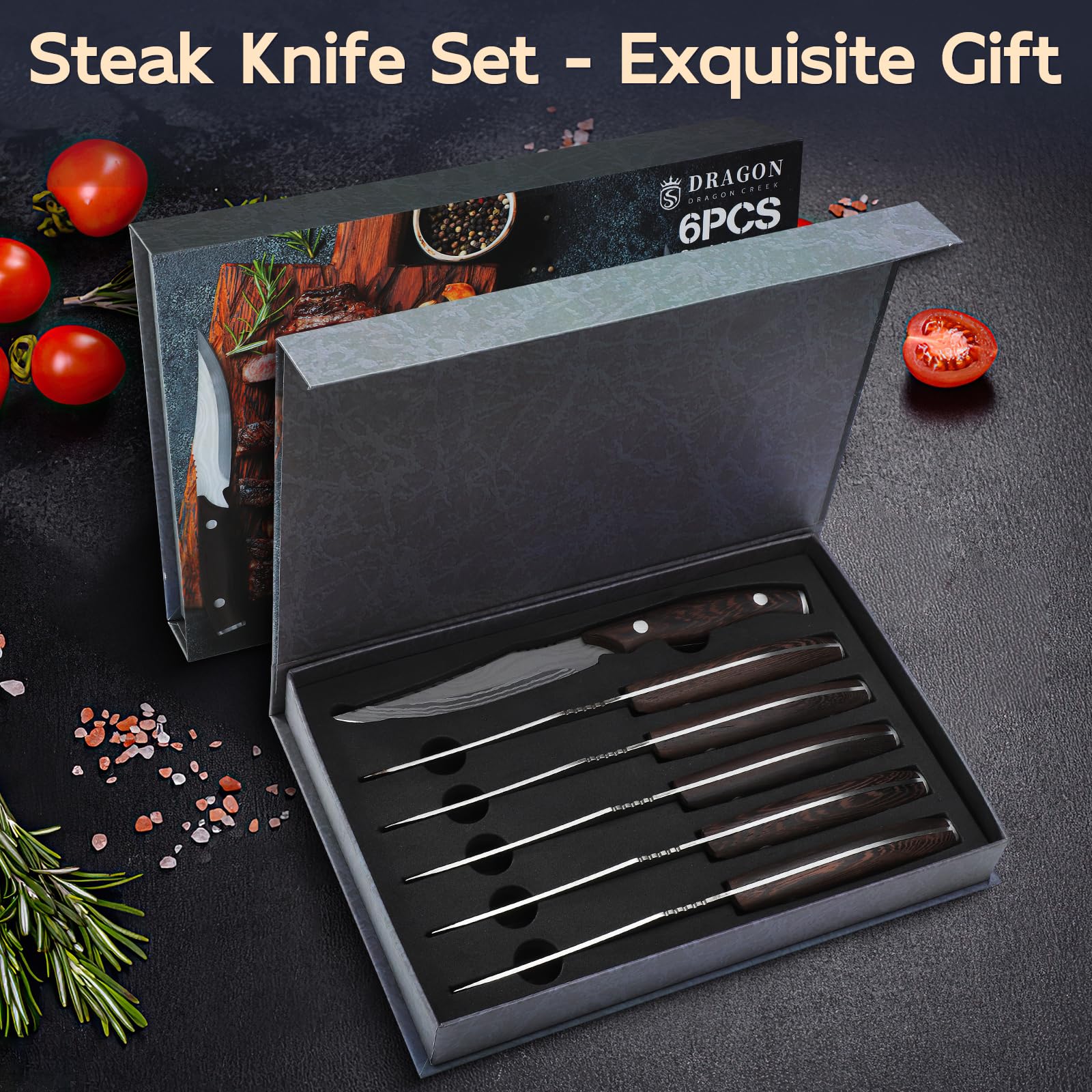 Dragon Creek - Set 6 couteaux à steak en acier inoxydable, manche bois. Pour maison & restaurant. Tranchants, boîte cadeau. Idéal pour hommes, femmes, parents.