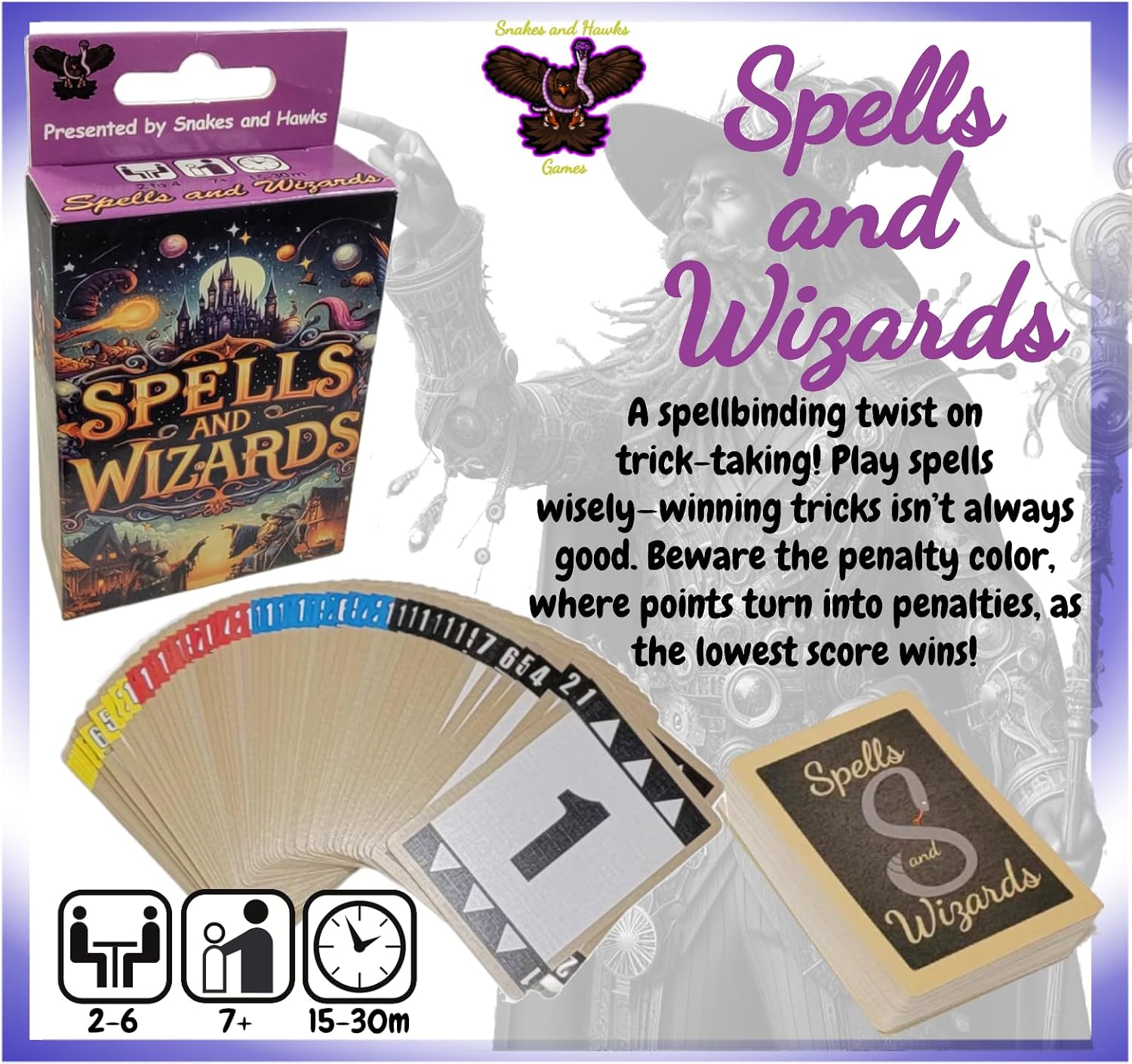 Spells and Wizards Card Game, 2-6 Player Trick Taking Card Game for Family