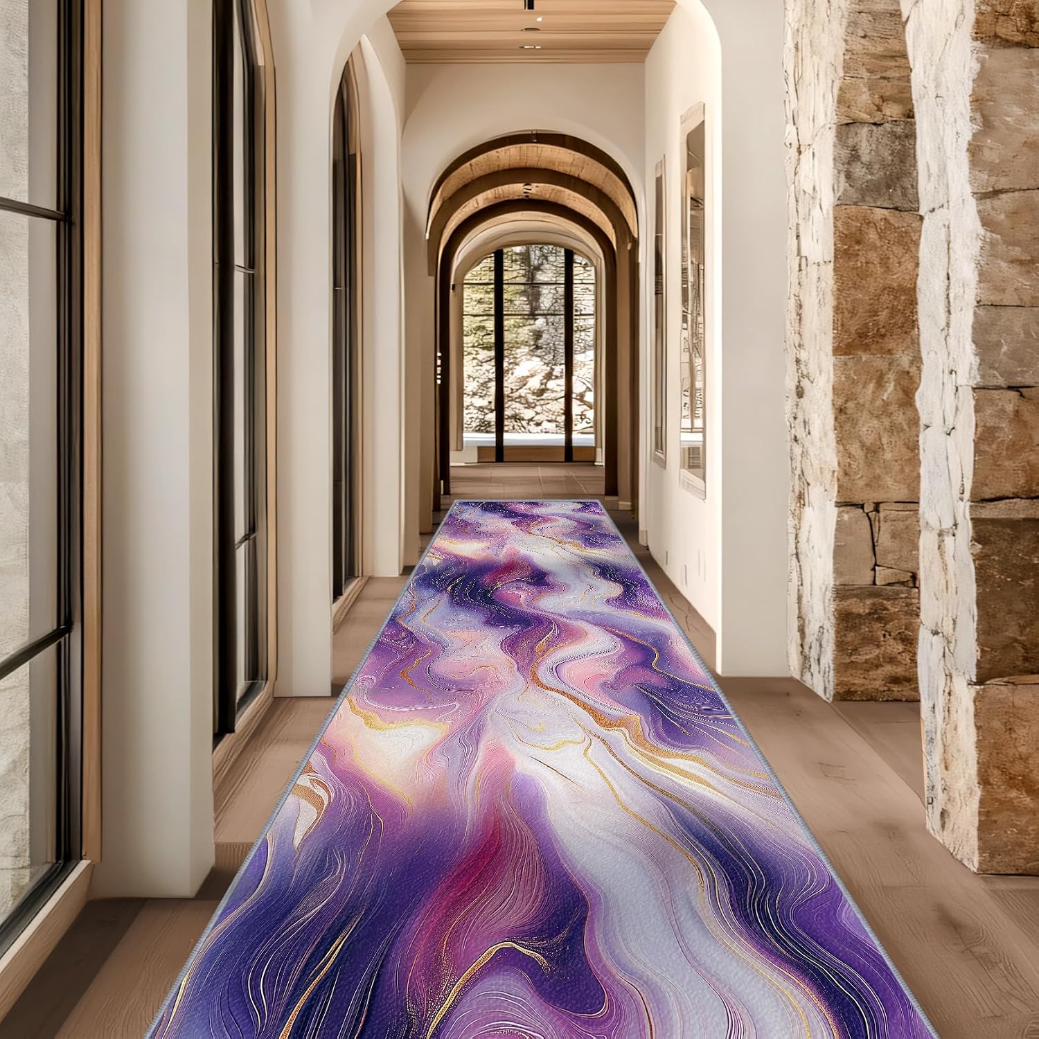 Marble Runner Rug, 2x6ft, Purple and Gold Runners for Hallways, Abstract Modern Luxury Runner Rug Non Slip Soft Home Decor #M031