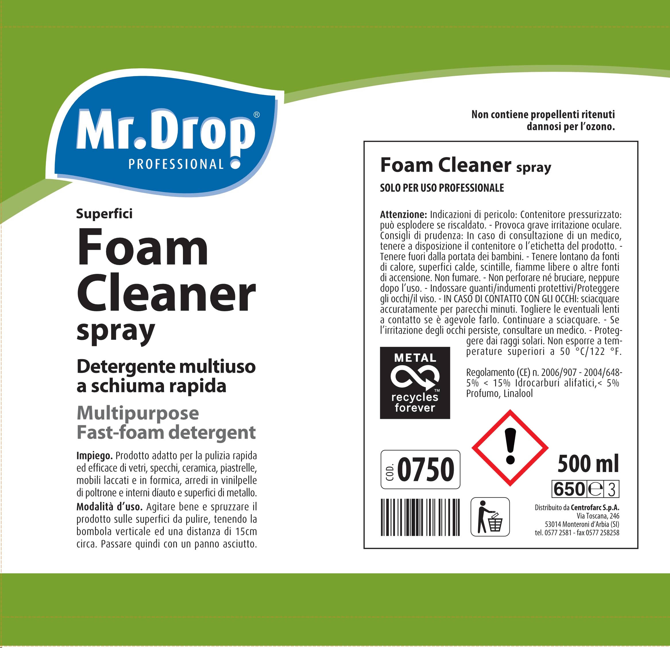 Mr.Drop® FOAM CLEANER SPRAY detergente multiuso a schiuma rapida - 1 cartone da 12