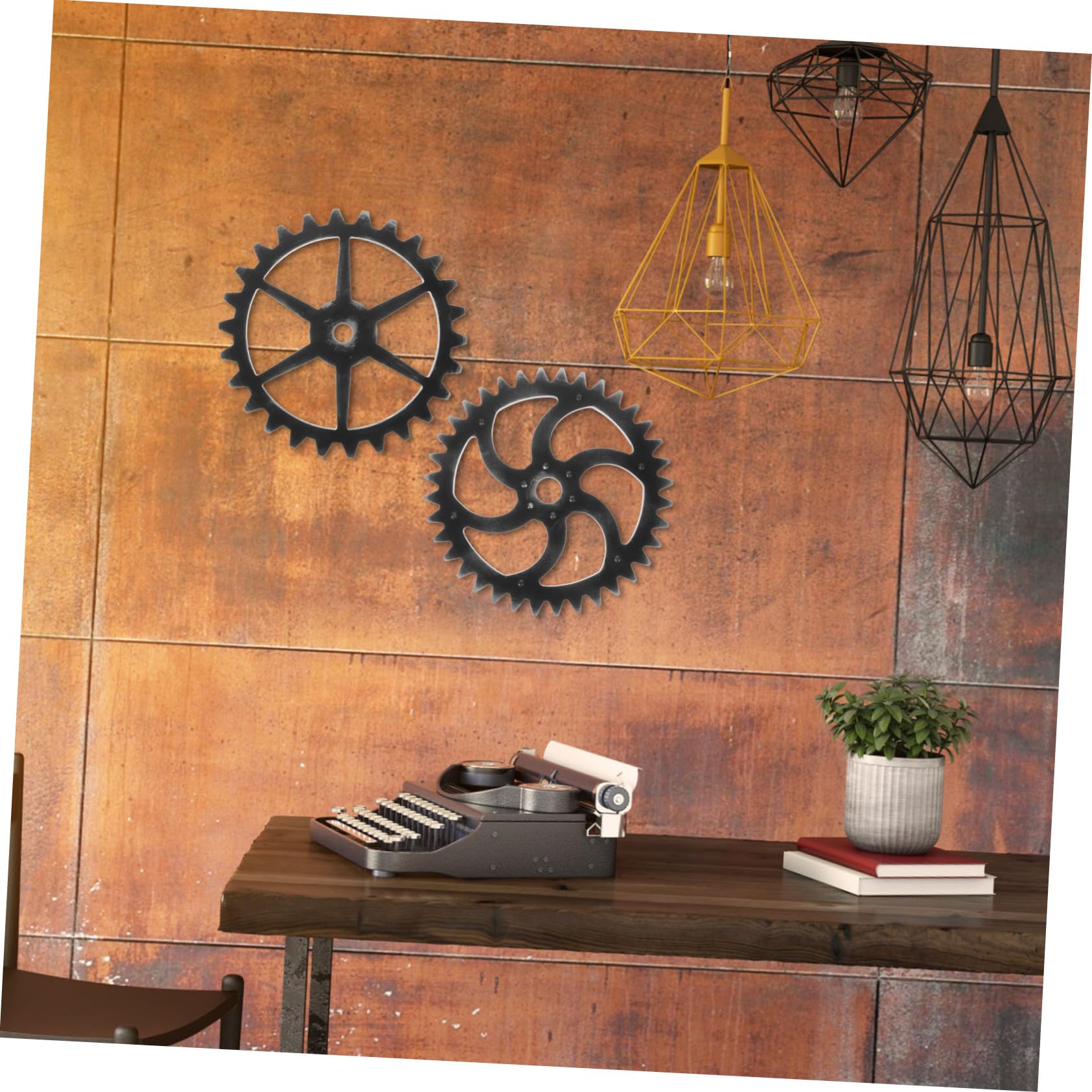 Engrenage Mural en Matériau Bois Foncé 2 Pièces Style Vintage Industriel