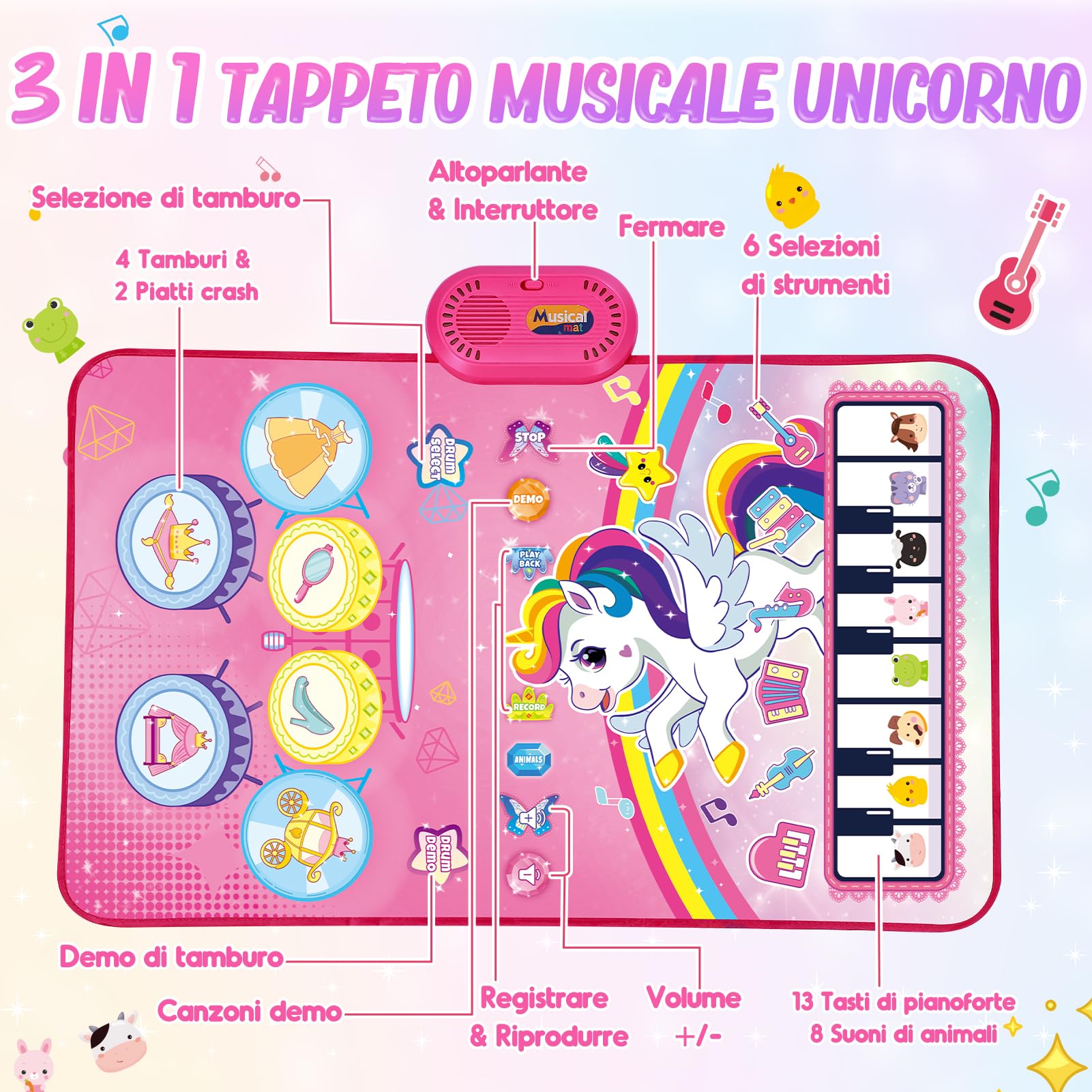 Dromlag Giochi Bambina 1 Anno, Tappeto Musicale 3 in 1 con 6 Strumenti E Registrazione Unicorno Regalo Gioco Bambina 1-3 Anni, Giocattoli Giochi Sensoriale Regalo Bimba 1-3 Anni