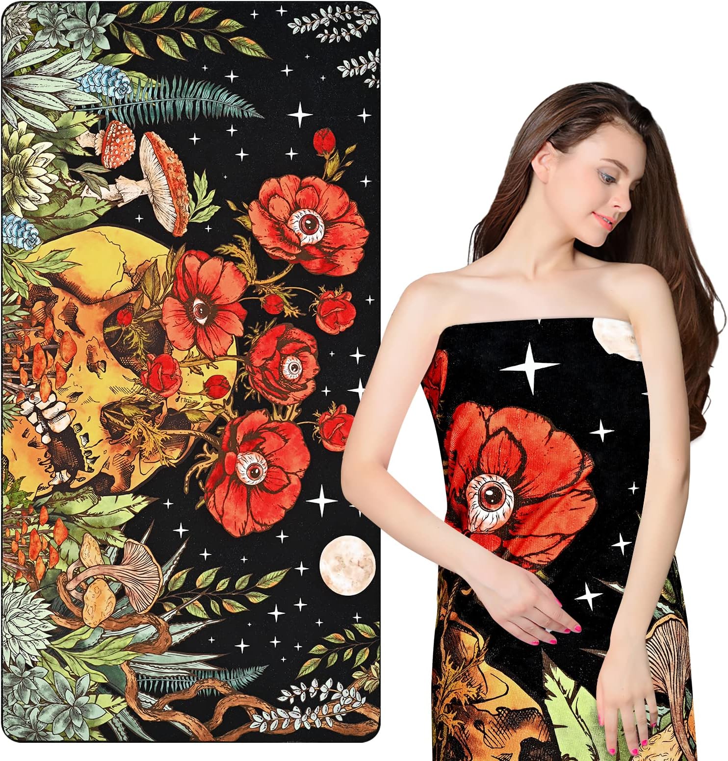 Halloween Beach Towel Oversized, Microfiber Skeleton Bath Towel for Kids Adults, Quick Dry Absorbent Rose Skull Pool Towel for Swim Travel, Halloween Decor Floral Bathroom Towels, 31.5 x 59.1 Inch
