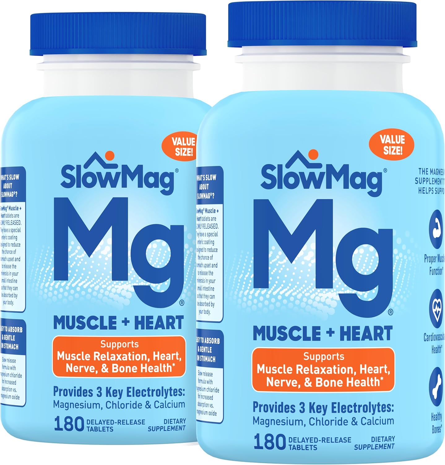 SlowMag Muscle & Heart Magnesium Chloride Supplement with Calcium, 180 Count, Supports Muscle Relaxation, Heart, Nerve & Bone Health, High Absorption (Pack of 2)