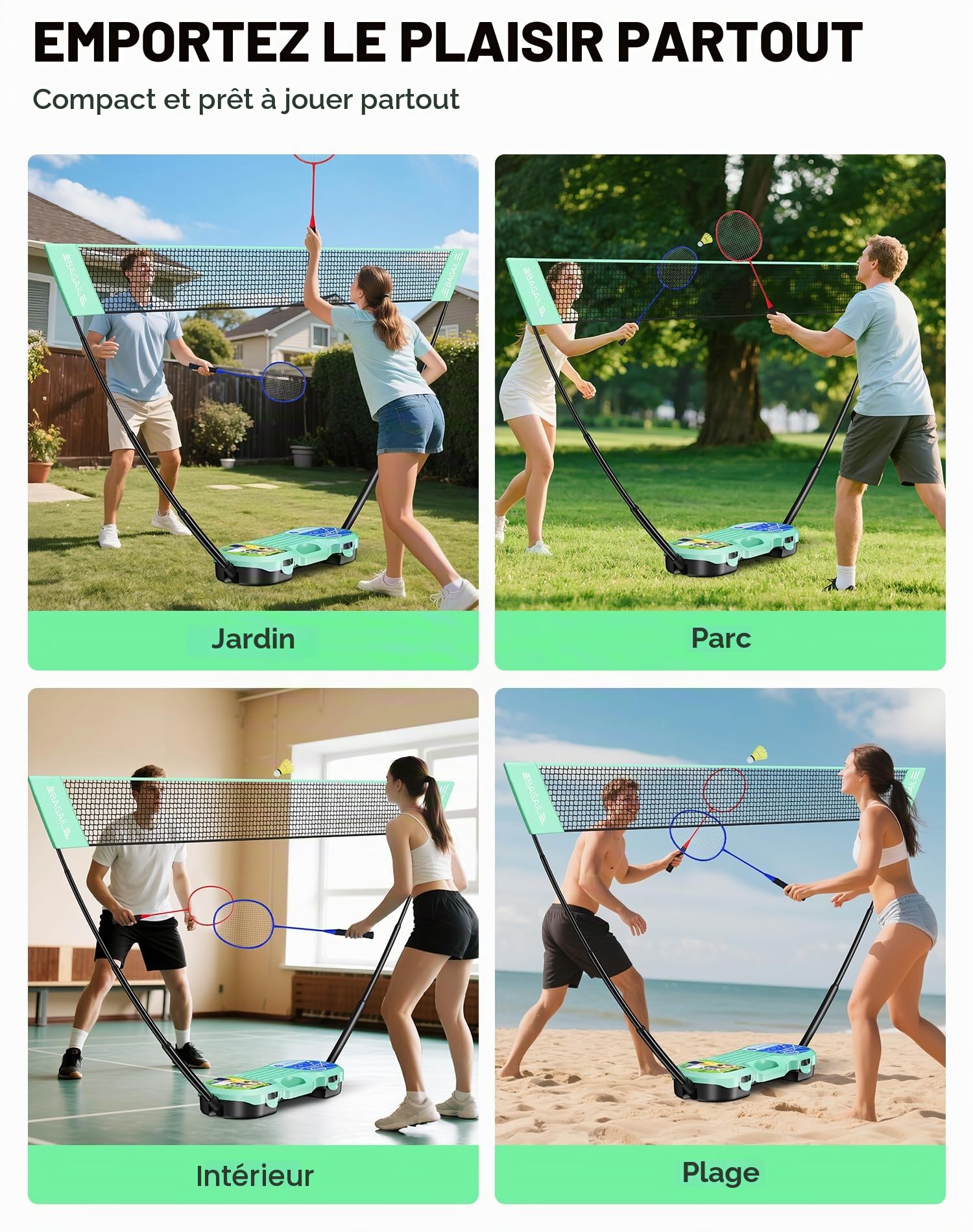 BAGAIL Ensemble de Filet de Badminton Portable - Sac de Rangement - Base Autonome - Installation Rapide - Filet de Badminton avec 4 Raquettes, 4 Volants pour Les Jeux en intérieur et en extérieur