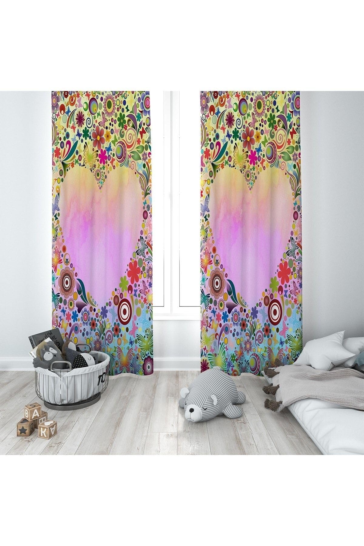 Pelangi Çok Renkli Kalp Desenli Dijital Baskı Yıkanabilir Bebek Çocuk Odası Fon Perdesi, pembe-renkli 140 x 270