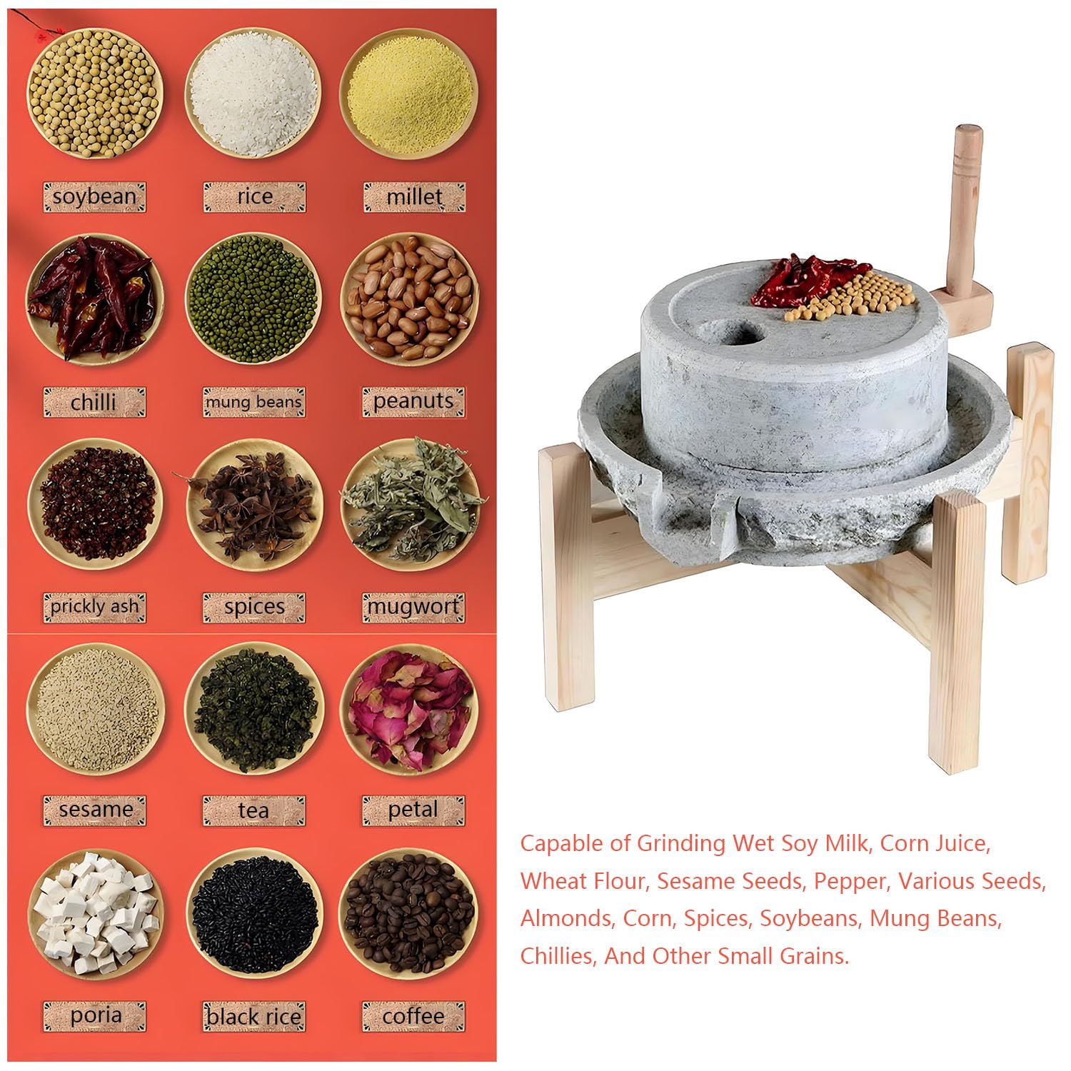 Yinian Mulino a Pietra Fatto a Mano, con Telaio in Legno Macina Tutto, Spice Grinder Machine, Macinino per Frutta Secca, Macinino Artigianale Domestico per Cereali, Fagioli E Orzo(Size:35cm)