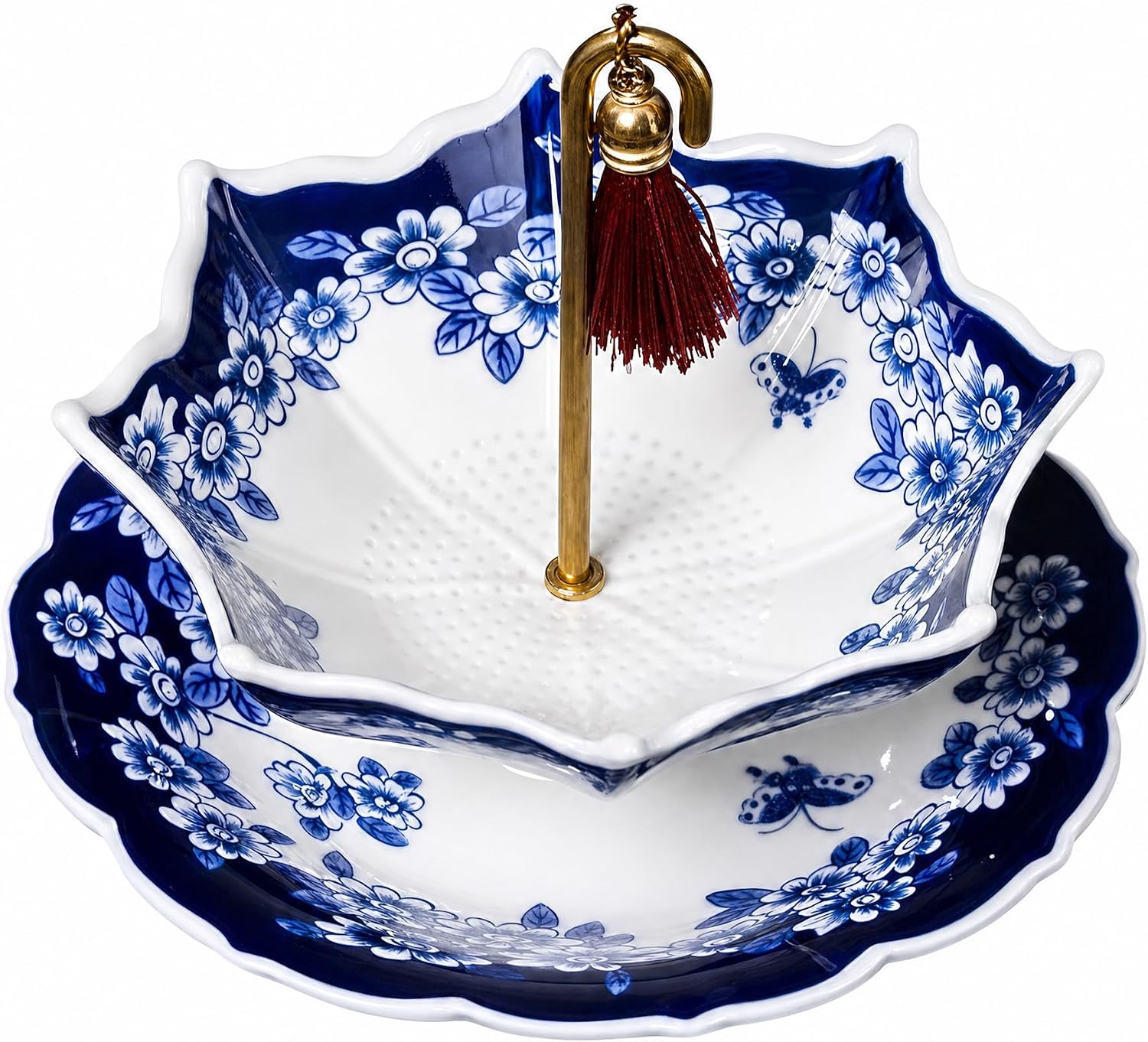 Umbrella Shape Ceramic Tea Strainer, Blue and White Porcelain Loose Leaf Tea Infuser with Rotating Design, Multi-Purpose Tea Filter for Kung Fu Tea, Coffee and Brewing (Blue)