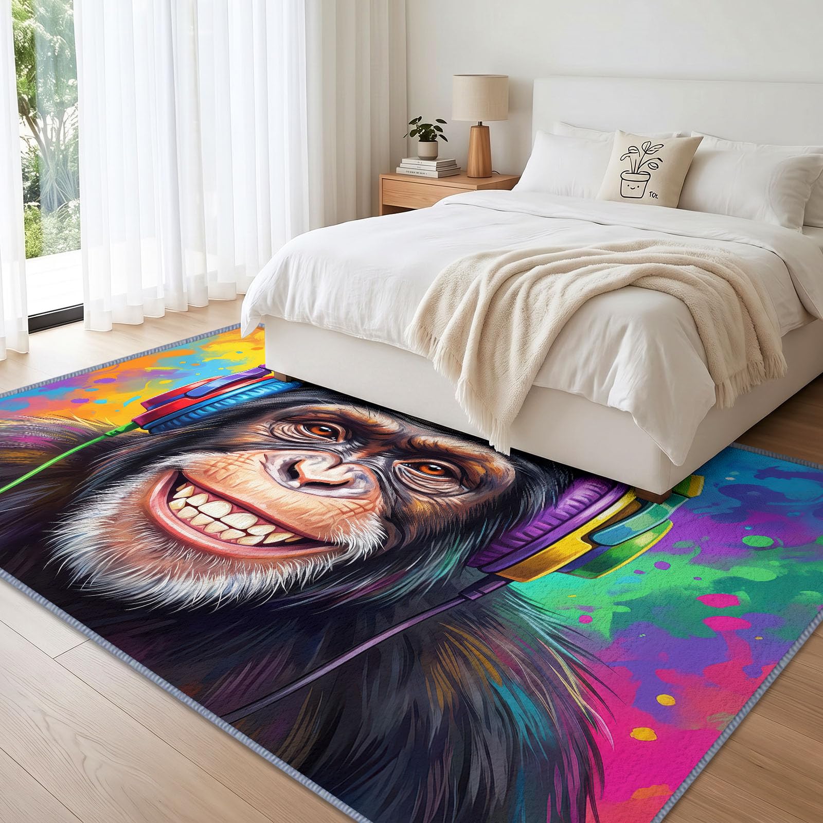 Generisch Teppich Pop Abstrakt Im Trend Wohnzimmer Kurzflor Moderne Deko, Buntes Graffiti Kopfhörer Schimpanse Teppich Grösse: 240 x 300 cm Farbe:Bunt für Wohnzimmer Schlafzimmer Esszimmer Büro