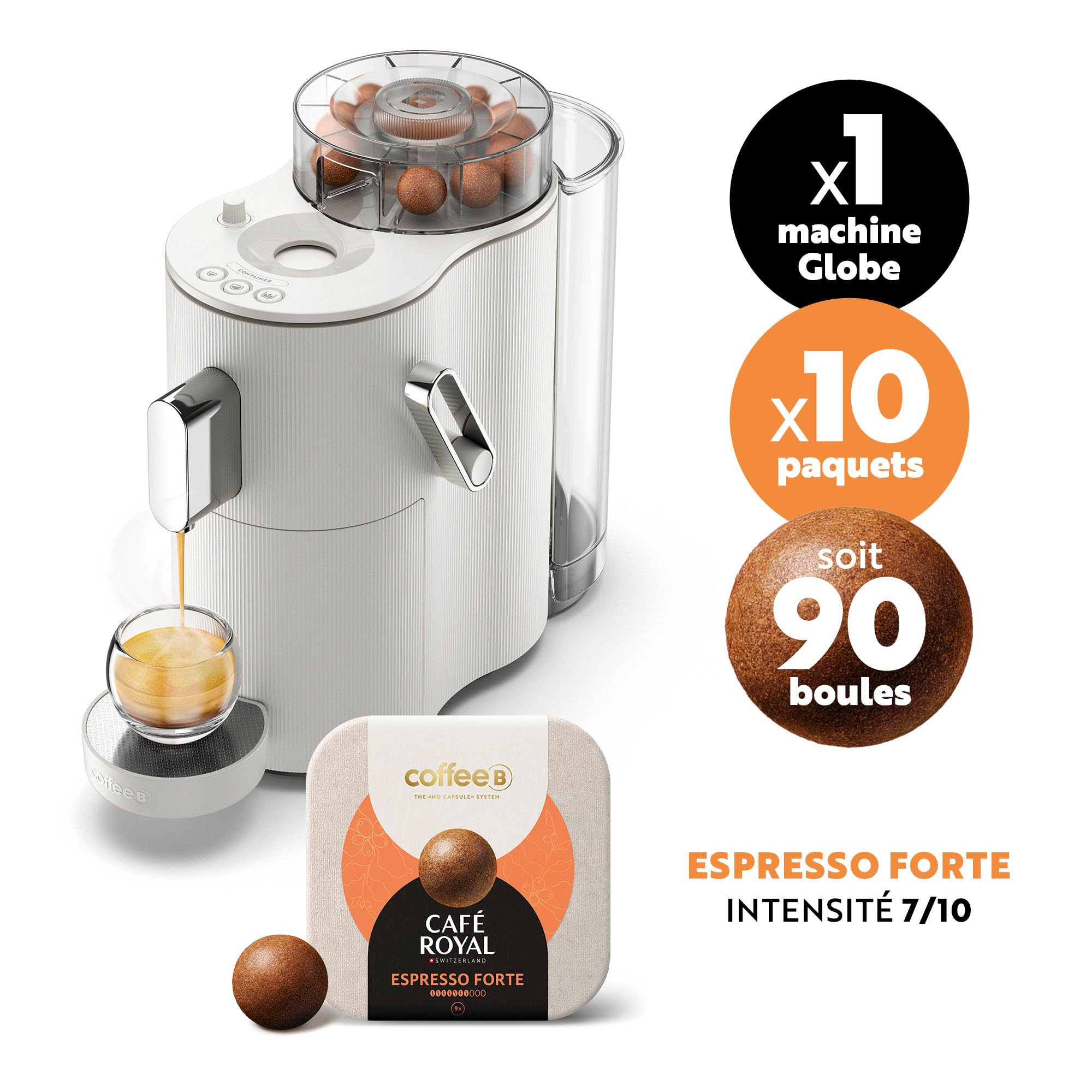 CAFE ROYAL SWITZERLAND PROFESSIONAL Café Royal Switzerland Machine à Café CoffeeB Globe Blanc 1.3L avec 90 Coffee Balls Expresso Forte - 100% Compostables