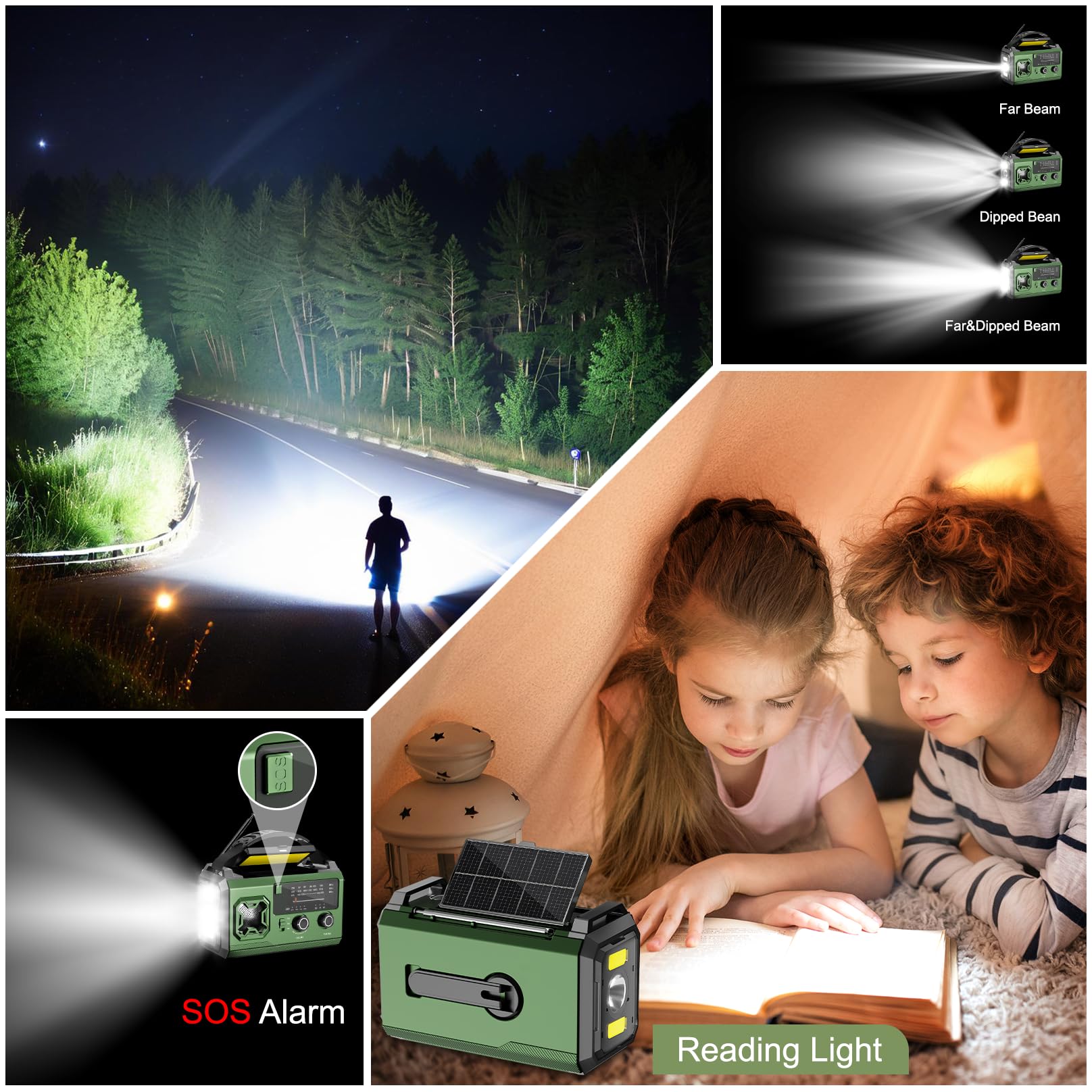 Radio Solar de Emergencia con Manivela, 27000mAh FM/Am Emergency Radio Portatil de Dinamo con Linterna LED, Luz de Lectura y SOS Alarma USB de Camping al Aire Libre (Verde Militar)