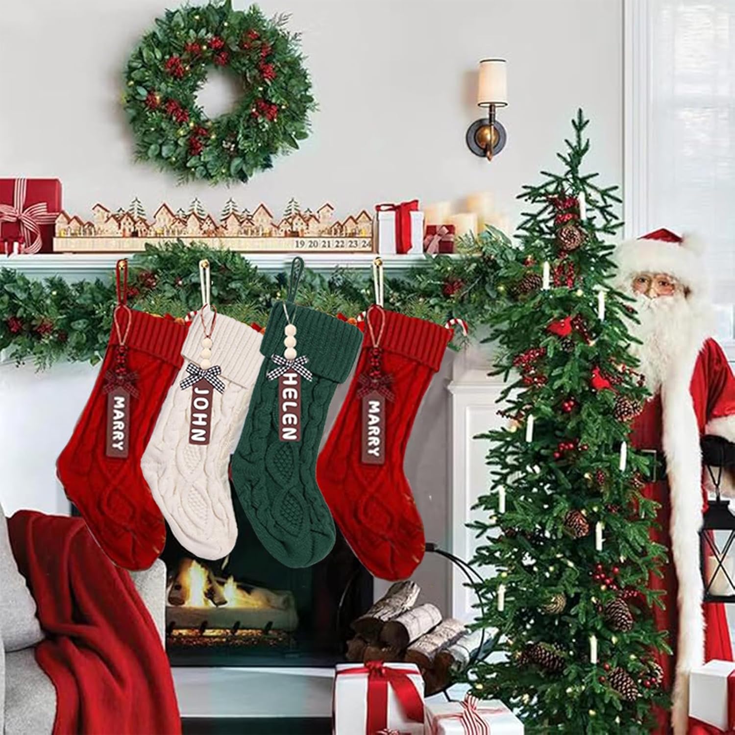 Set of 6 Personalized Christmas Stockings with Wooden Name Tags, 18" Xmas Cable Knitted Stocking – Holiday Hanging Decor Gifts for Family Party (White, Red, Green)