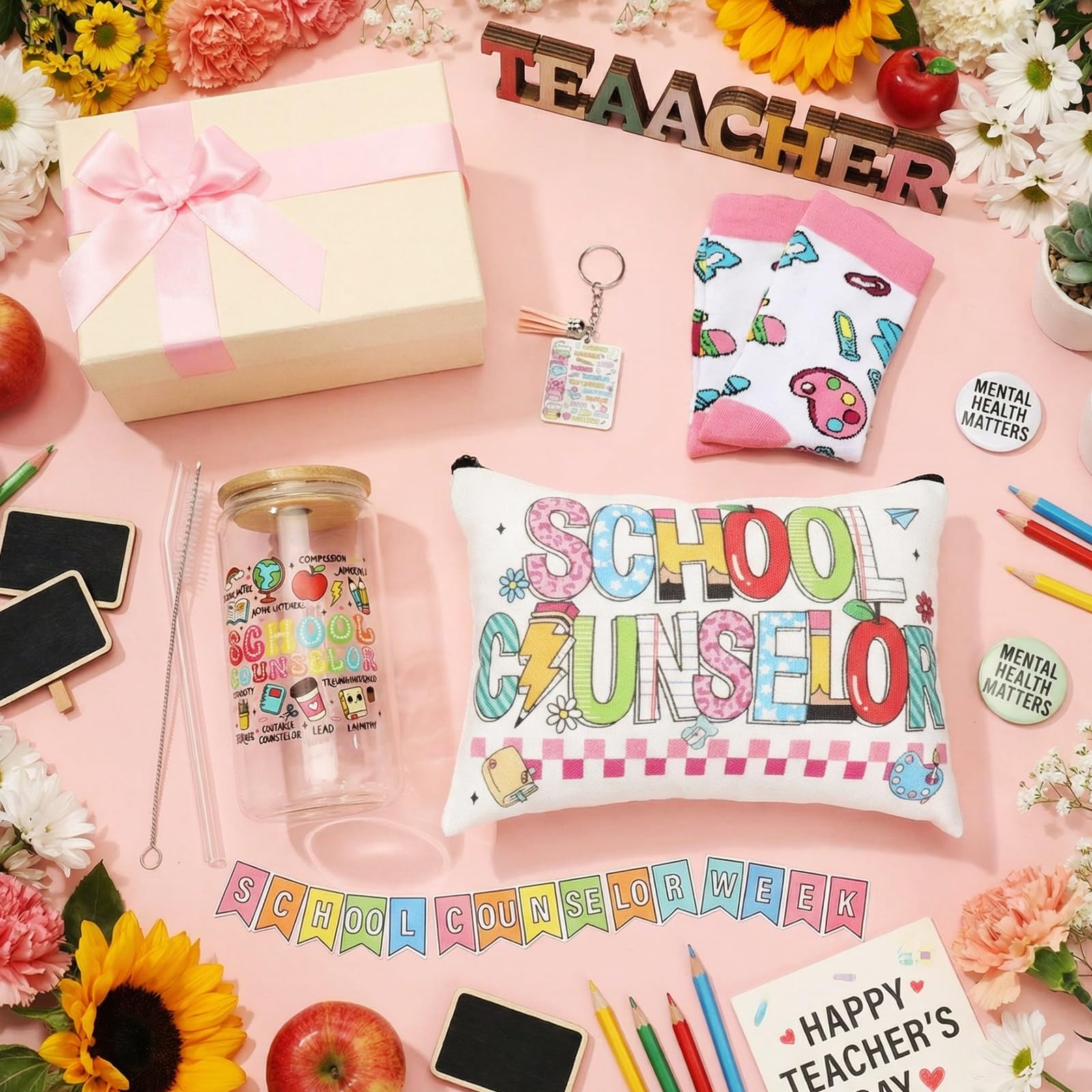 Skylety 5 Pcs School Counselor Week Gifts for Women Counselor Appreciation Gift Glass Cup Sock Cosmetic Bag Badge Holder Thank You School Counselors Gift Box for Schools Counseling Week Teacher