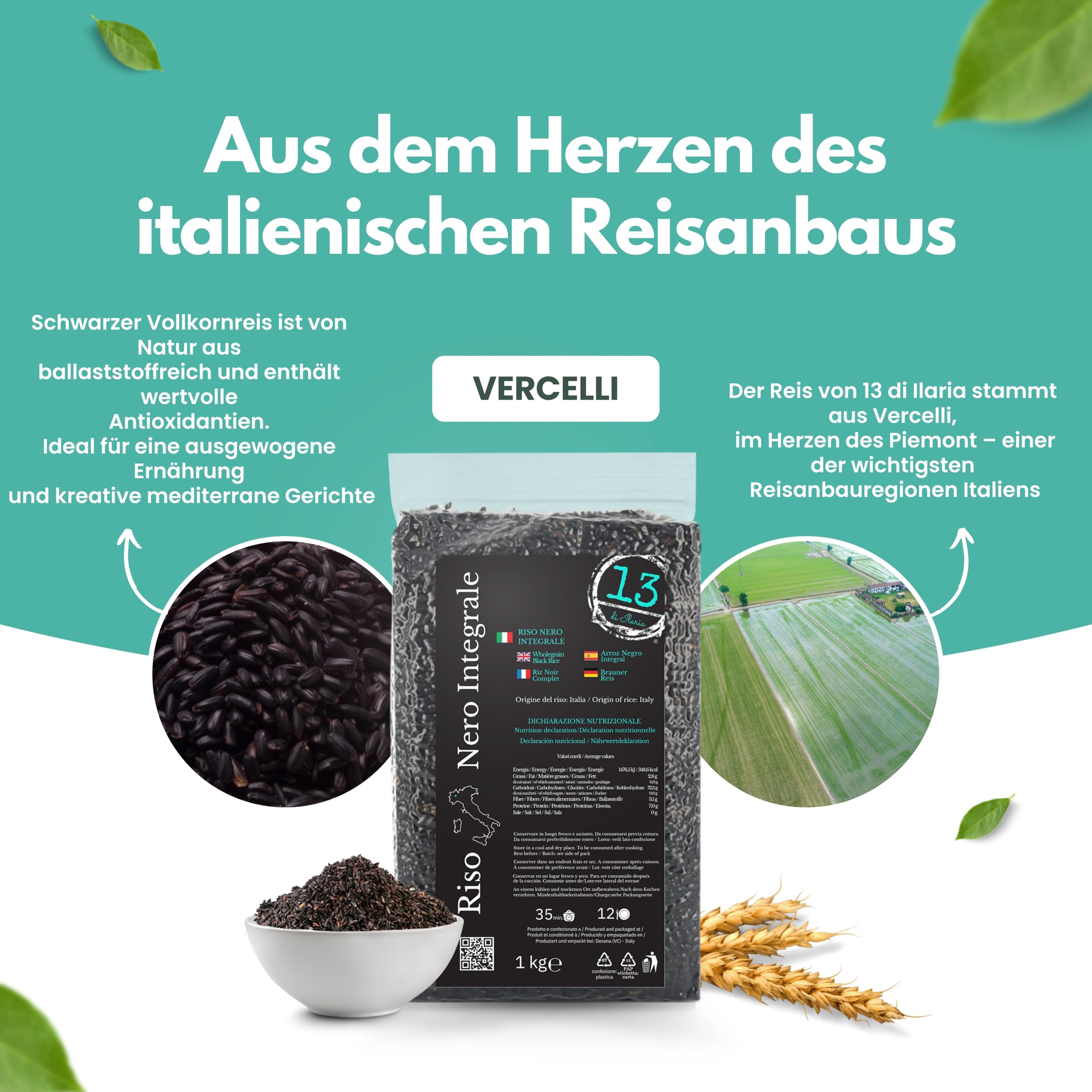 Schwarzer Vollkornreis 6 kg (6 x 1 kg, Venere-Typ) aus Italien | 6 x 1 kg schwarzer Vollkornreis aus Italien (Venere-Typ), ballaststoffreich, glutenfrei, ideal für Bowls und Meal Prep
