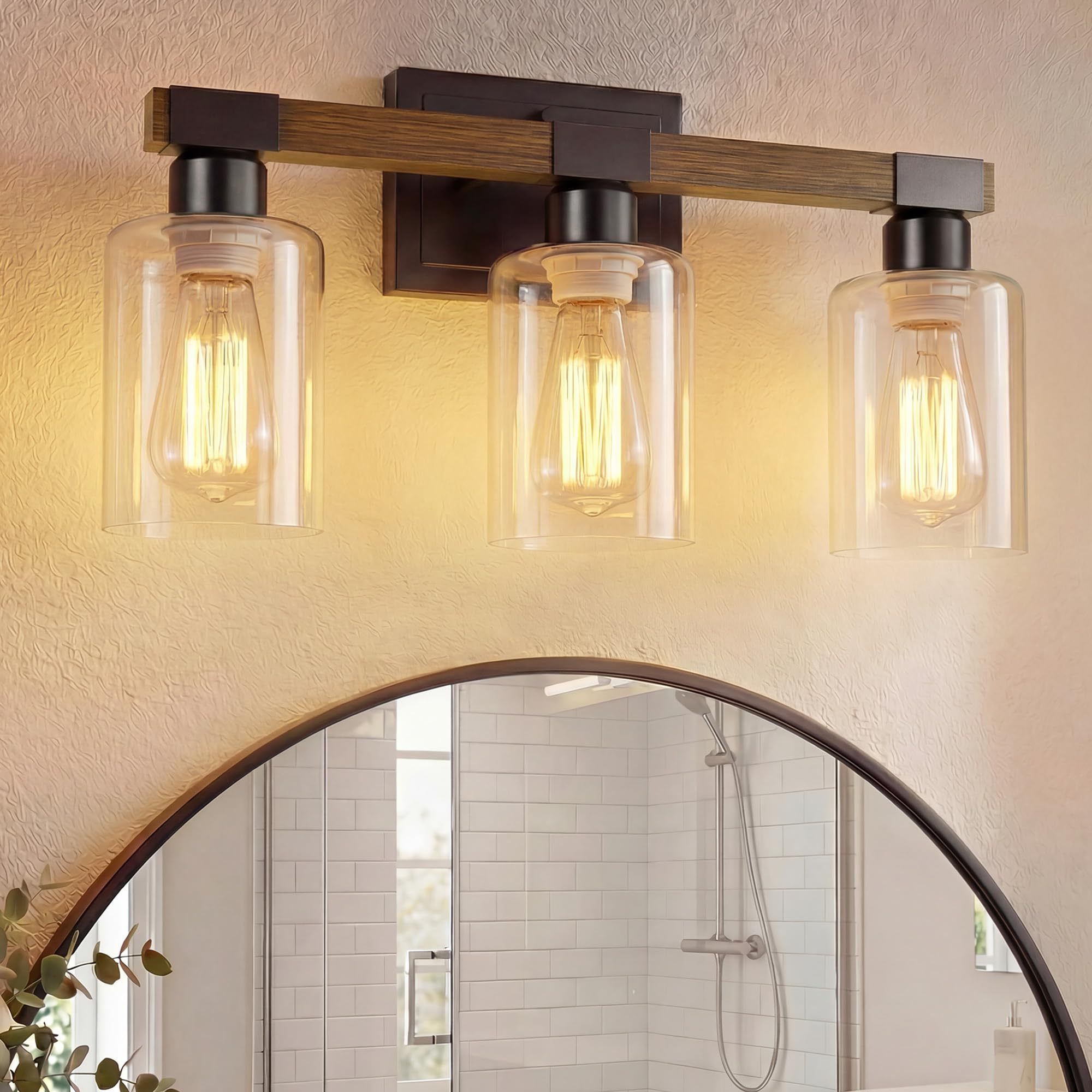 VOLISUN Farmhouse Bathroom Light Fixtures 3 Light Bathroom Vanity Lights Over Mirror Rustic Vanity Light for Bathrooms Wood