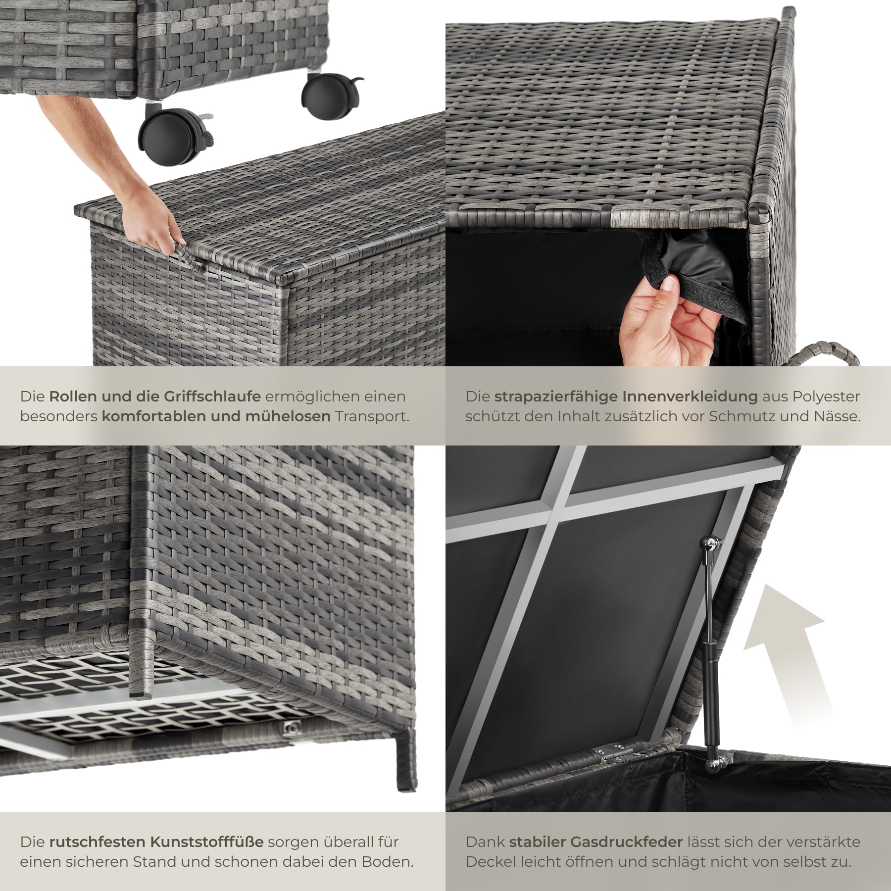 tectake® Auflagenbox 253 l, 116 x 54 x 64 cm, 2 drehbare Rollen mit Feststellbremse, Polyrattan mit Aluminiumrahmen, Gartenmöbel, Outdoor Lagerung, Staubschutzbox, Schutzbox, wetterfest - grau