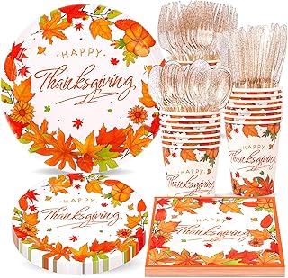 Atonofun Thanksgiving Party Supplies, Thanksgiving Plates and Napkins Set, Disposable Thanksgiving Party Plates, Cups, Napkins and Cutlery for Fall Harvest Thanksgiving Party Decorations Serves 24