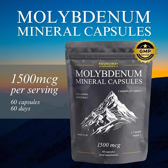 Molybdenum Mineral Capsules | 1500mcg High Strength Trace Minerals | Sodium Molybdate | 60 Capsules, Long 2 Month Supply | Made in The UK by Roundway Supplements