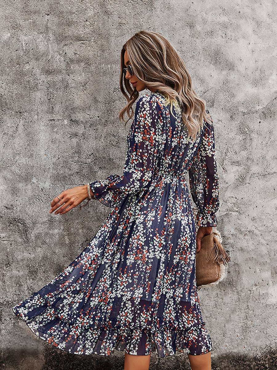 MOPOOGOSS Womens Junior Casual Summer Spring Ruffle Elegant Floral Long Sleeve Sexy V Neck Cute Chiffon Boho Beach Tunic Swing A Line Flowy Long Beach Casual Dresses for Women Navy M