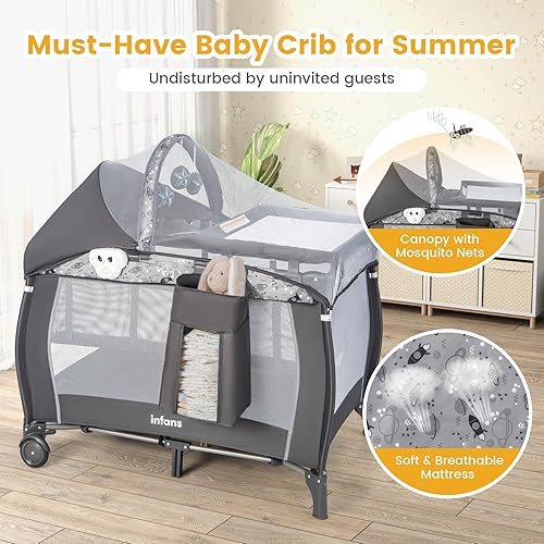 Miniatura 7 de INFANS 4 en 1 Pack and Play, corralito portátil de viaje para bebé con moisés, mesa para cambiar, toldo, mosquitera, juguetes colgantes, caja de