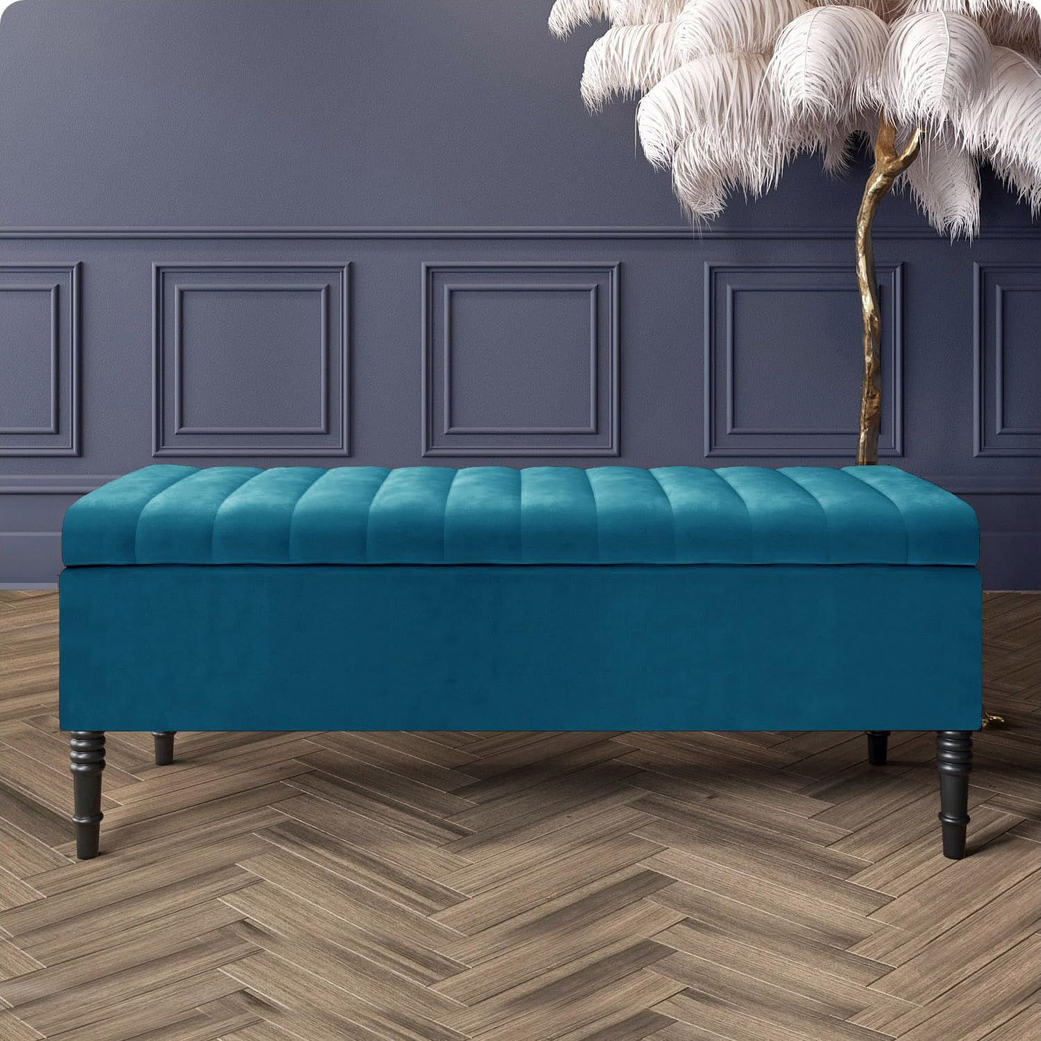 Paris Velvet Ottoman Storage Bench with Legs, End of Bed Blanket Box with Extra Deep Hidden Storage & Hinged Lid, Upholstered Ottoman Storage Box, Shoe Storage Ottoman, Padded Entryway Seat