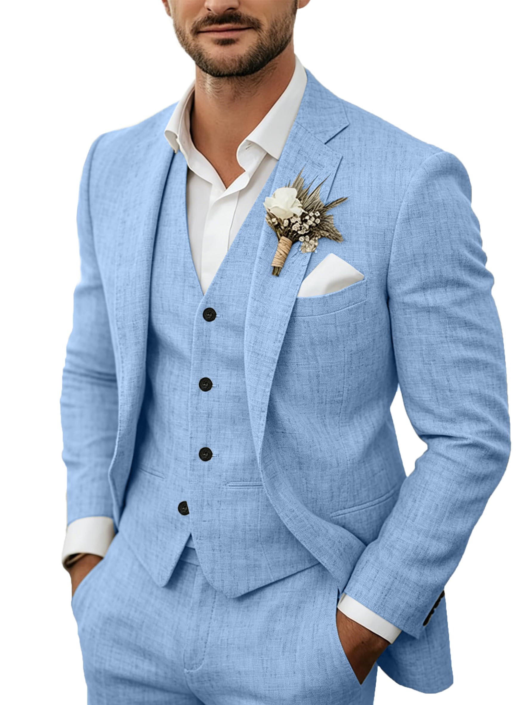 3-teiliges Herren-Anzug-Set aus Leinen, lässig, leicht, Blazer, Jacken, Westen, Hosen, Set für Hochzeit, Business, Abschlussball, Anzug