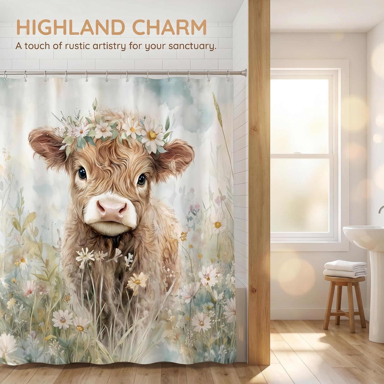 Highland Cow Shower Curtain Set – Cute & Funny Animal Print for Bathroom, Waterproof Polyester Fabric, Rust-Proof Grommets, 70" W x 70" L