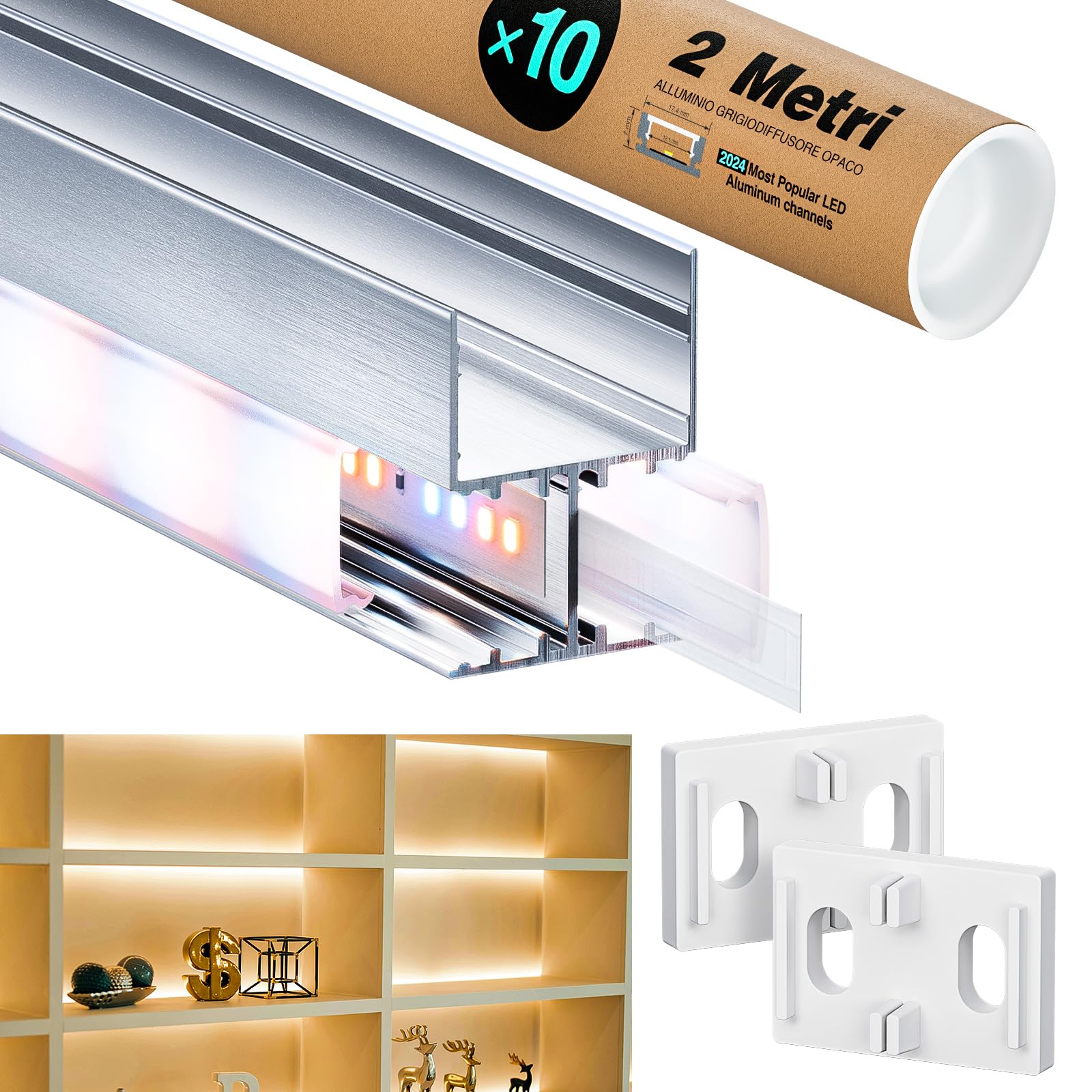 10 x LED Aluminium eckprofil 2m (20m) Led Trockenbau Profil für als 9 mm Obere und Untere Zwei Led Streifen/Led Leisten/Led Profil, with Milchig Weißer Abdeckung Endkappen - 2000 x 28,7 x 20,2 mm
