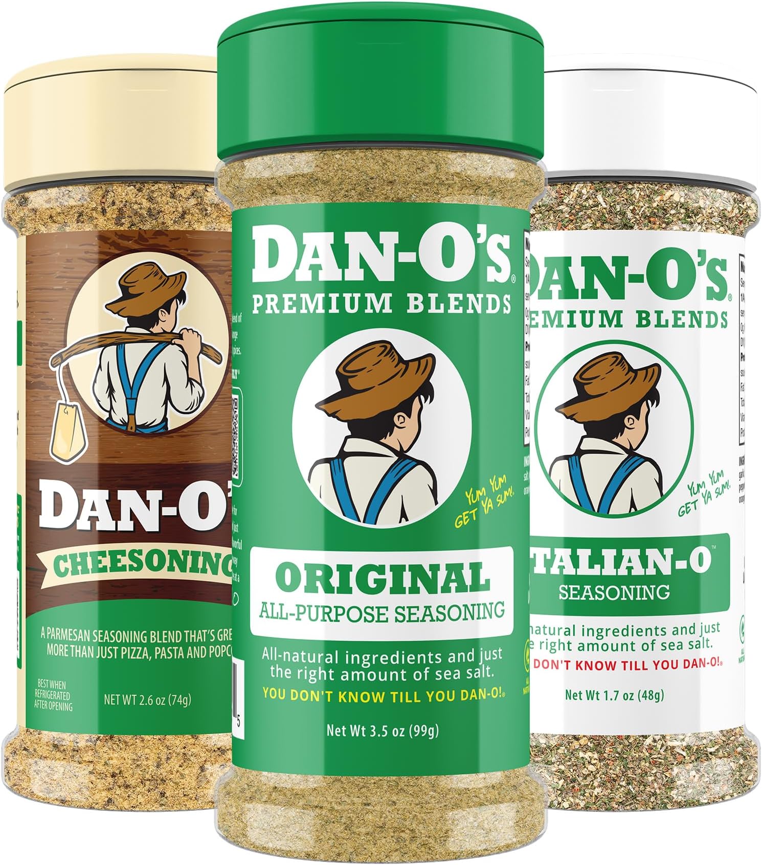 Dan-O's Seasoning - Cooking and Grilling Anything - Meat, Vegetables, Snacks, Popcorn Seasoning - Small Jar, 3 Pack, Original, Cheesoning & Italian-O