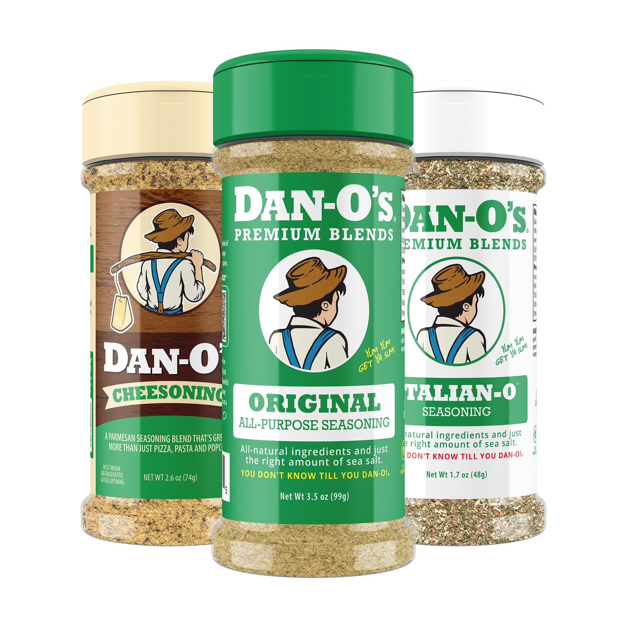 Dan-O's Seasoning - Cooking and Grilling Anything - Meat, Vegetables, Snacks, Popcorn Seasoning - Small Jar, 3 Pack, Original, Cheesoning & Italian-O