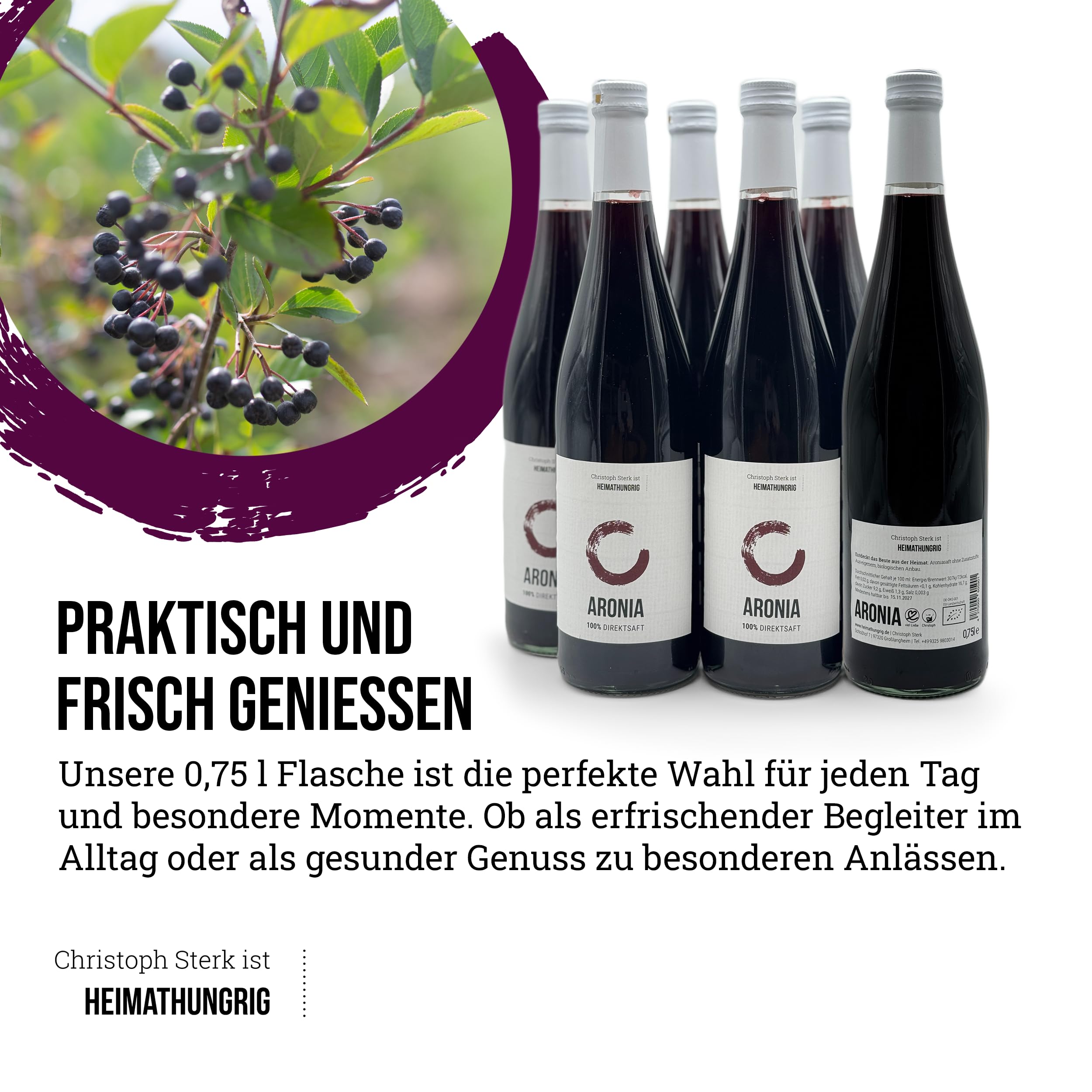Heimathungrig - Bio Aronia Direktsaft 12x0,75L - Fruchtsaft aus 100% Aroniabeeren - naturtrüber, vegan & ungesüßt - Natürlicher Aroniasaft ohne Zuckerzusatz (Regionaler Saft aus Deutschland)