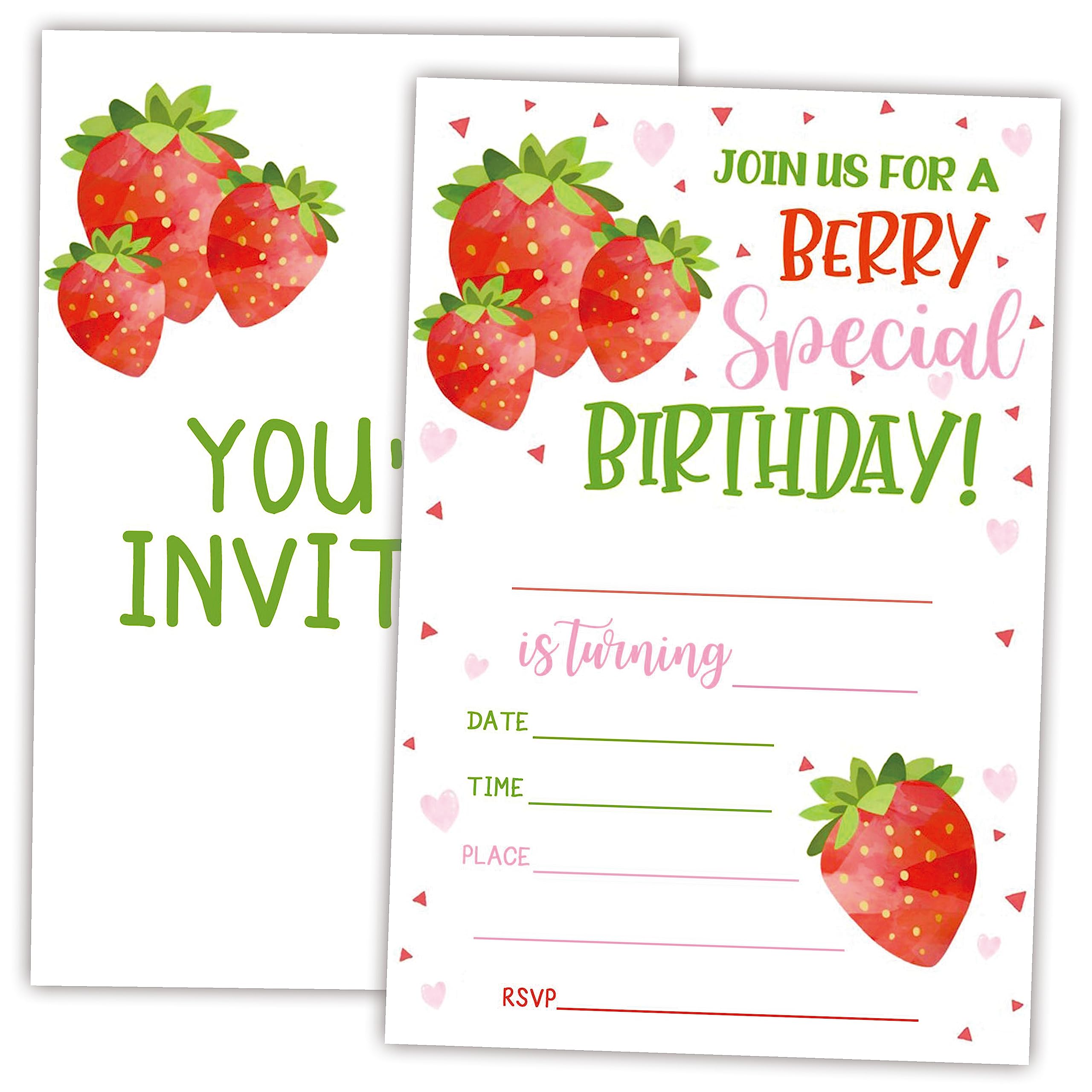 AWSICE Strawberry Theme Birthday Invitations, Fruits Double-Sided Fill-In Invite Cards For Birthday Party，Boys, Girls, Kids,Teen, 20 Invitations With