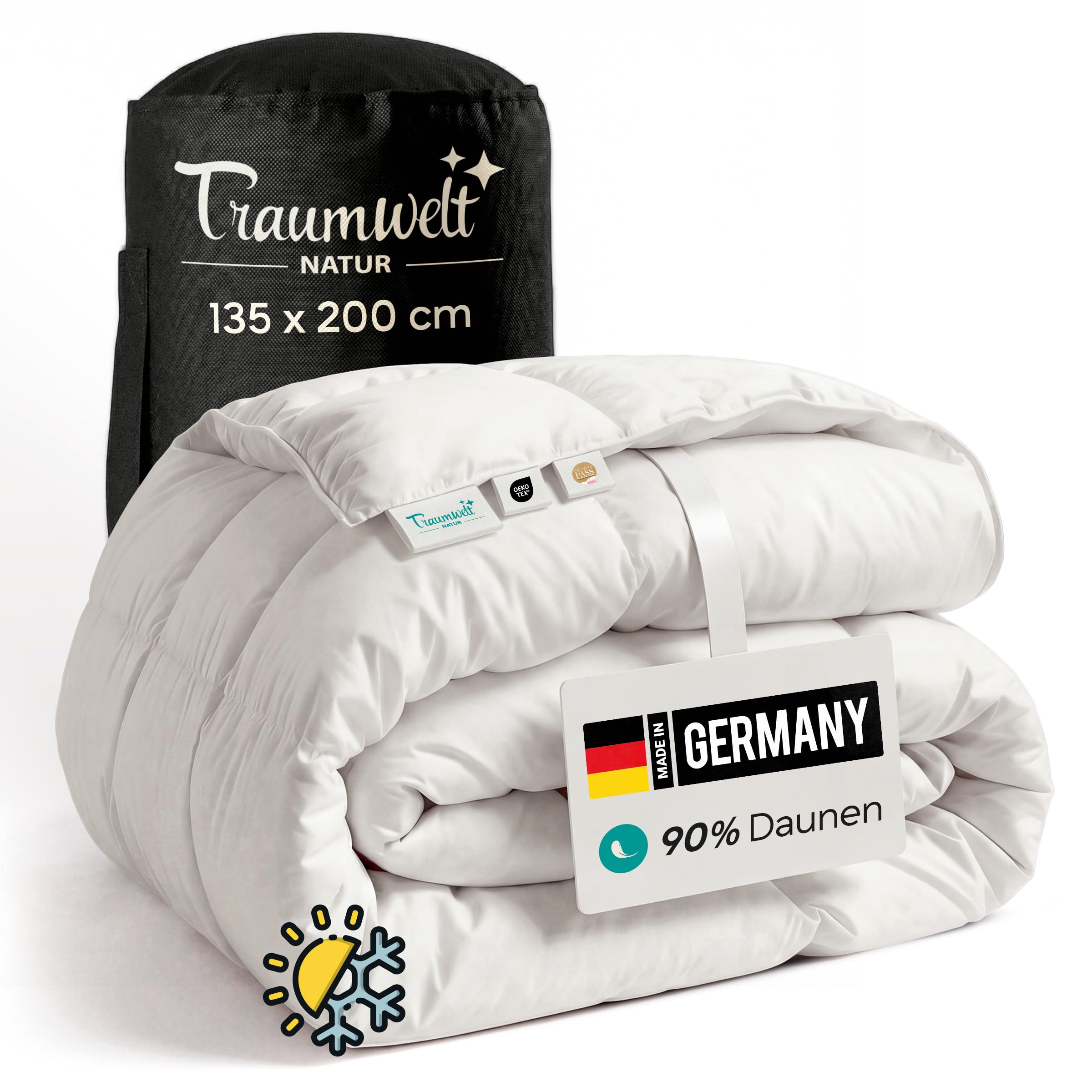 Made in Germany Daunendecke 135x200 cm aus 90% Daunen und 10% Federn, für alle Jahreszeiten, Allergiker geeignet (nomite), Öko-Tex 100 Klasse 1 Zertifiziert, Downpass