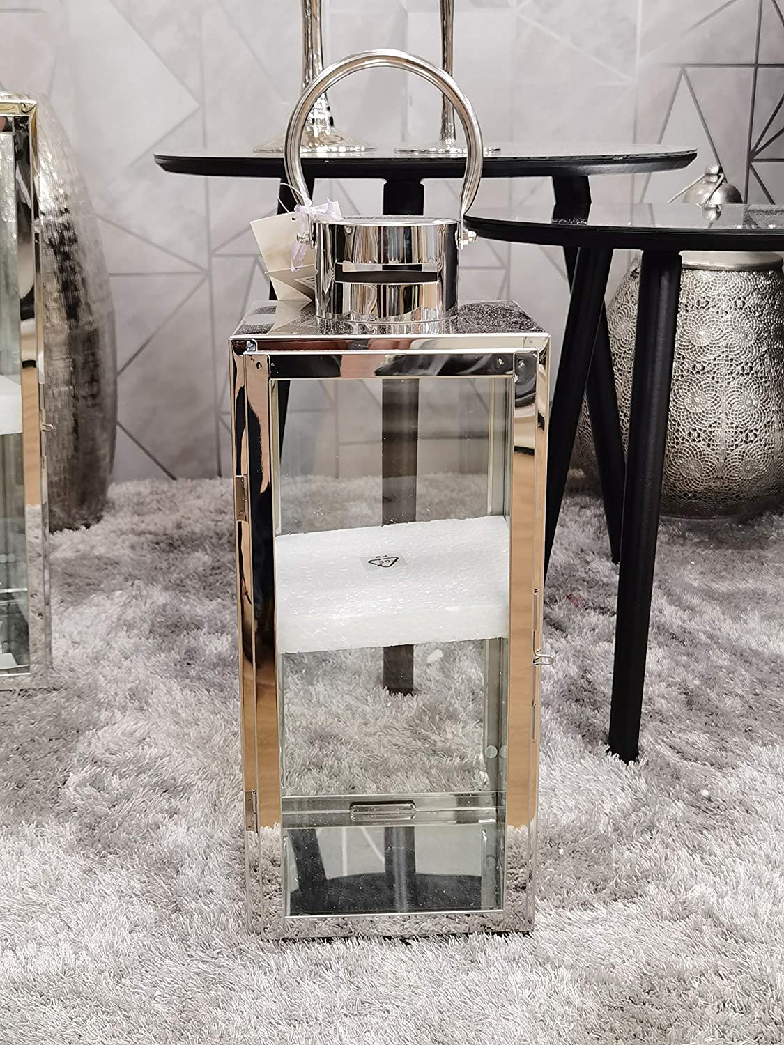 Biznest 21CM Silver Stainless Steel Glass Lantern Allow Fairy Lights or Candles to Be Placed Inside