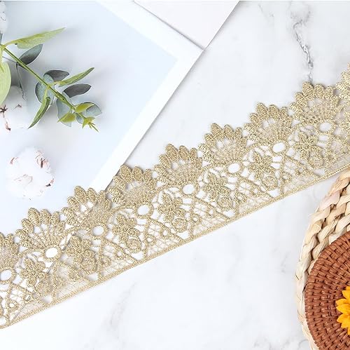 Miniatura 8 de 2.36 pulgadas de ancho con ribete de encaje bordado para costura, cortina y mantel (dorado #19 (4 yardas))