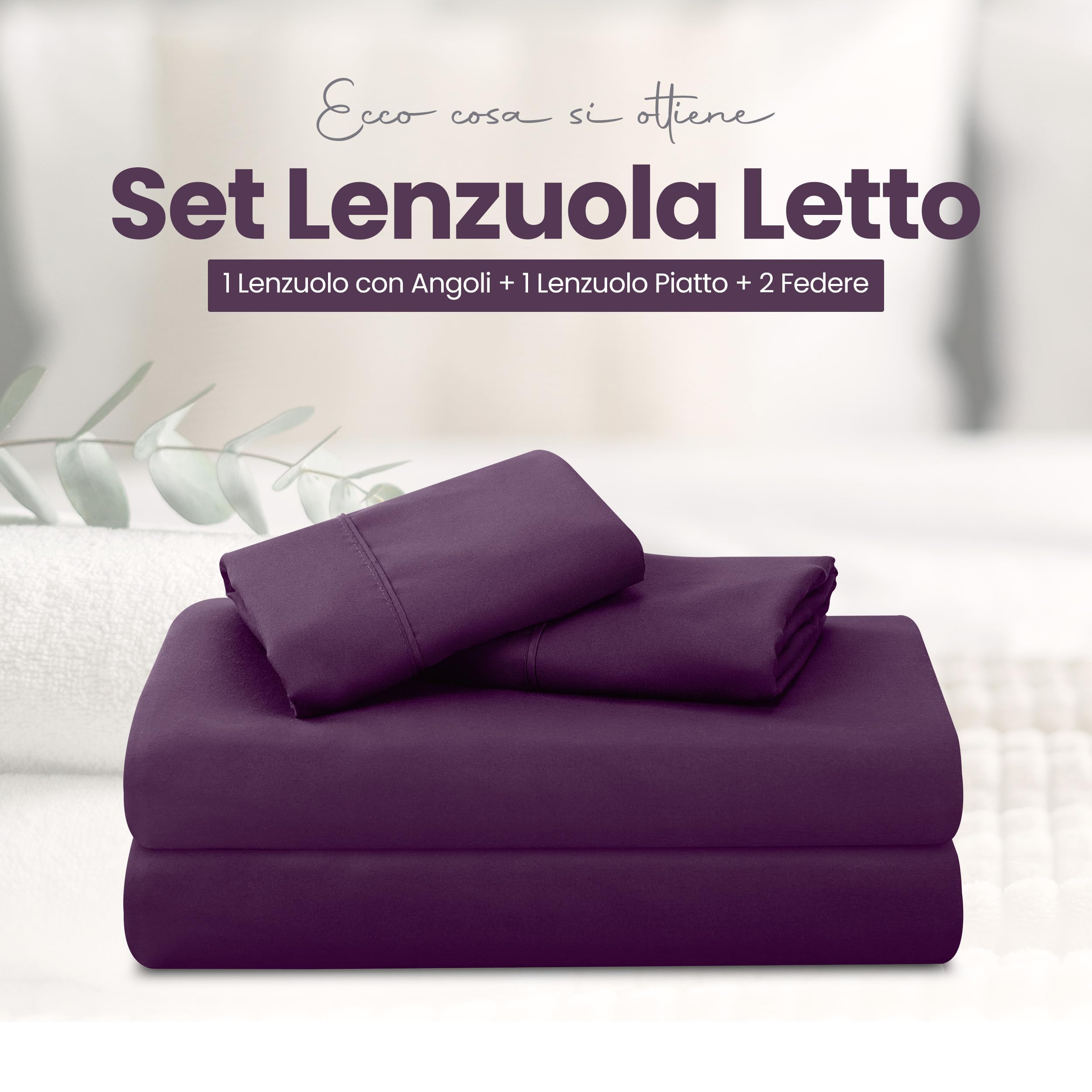 Utopia Bedding - Set Lenzuola Letto Matrimoniali 4 Pezzi 180x200 cm - Spazzolata Poliestre di Microfibra - Oeko-Tex Certificato - Lenzuolo con Angoli, Lenzuolo Piatto e 2 Federe 50x75, Porpora