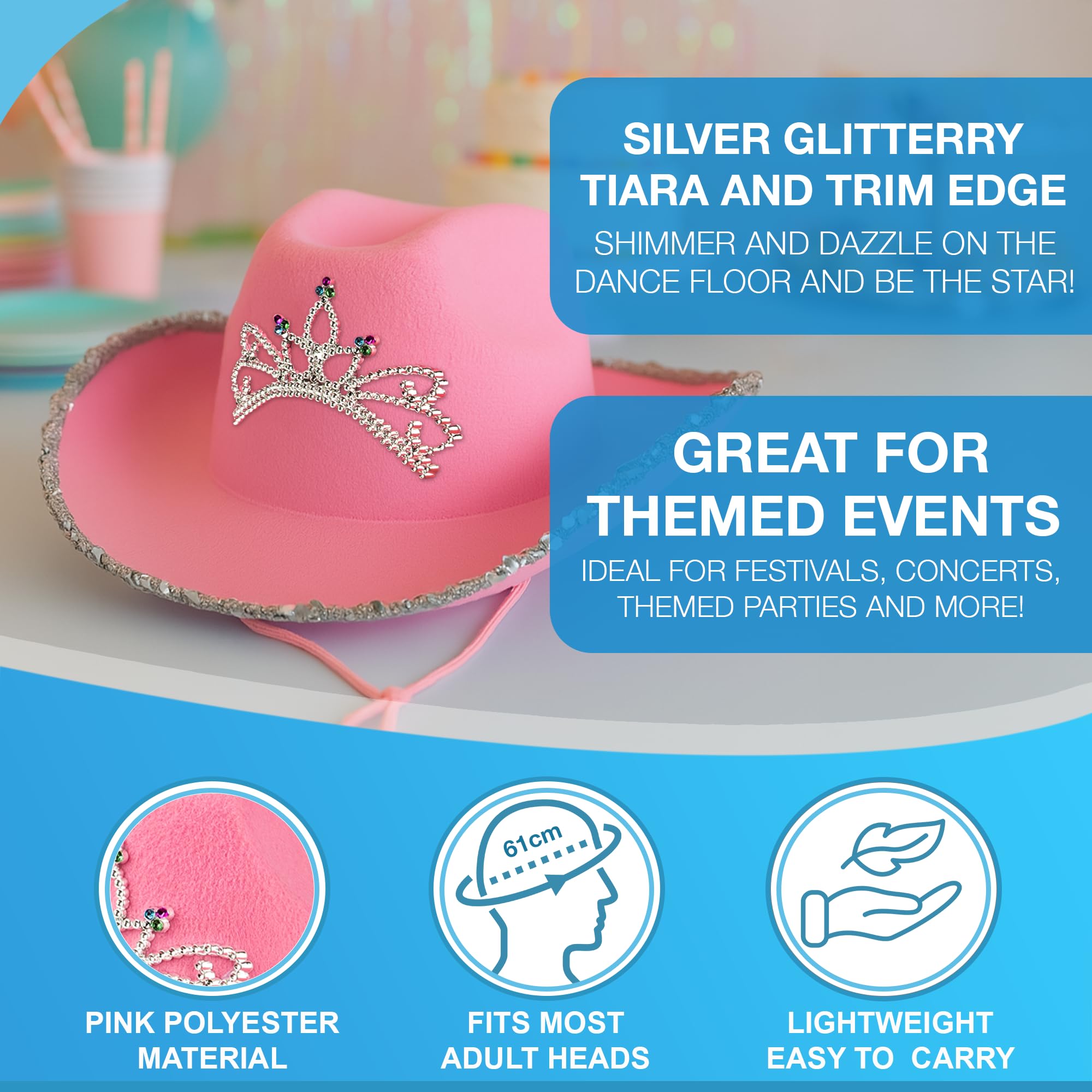 Navoys Pink Cowgirl Hat with Silver Tiara & Glitter Confetti Trim, Wide Brim - Image 3