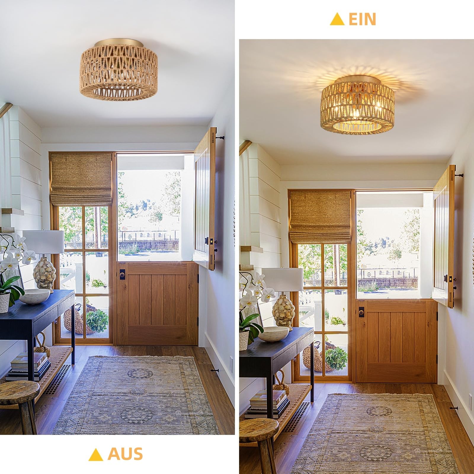 FRIDEKO HOME Deckenlampe Boho,3 Flammig Deckenleuchte Vintage mit Rattan Lampenschirm Hängelampe E27 Fassung für Wohnzimmer Esszimmer Schlafzimmer Küche Flur