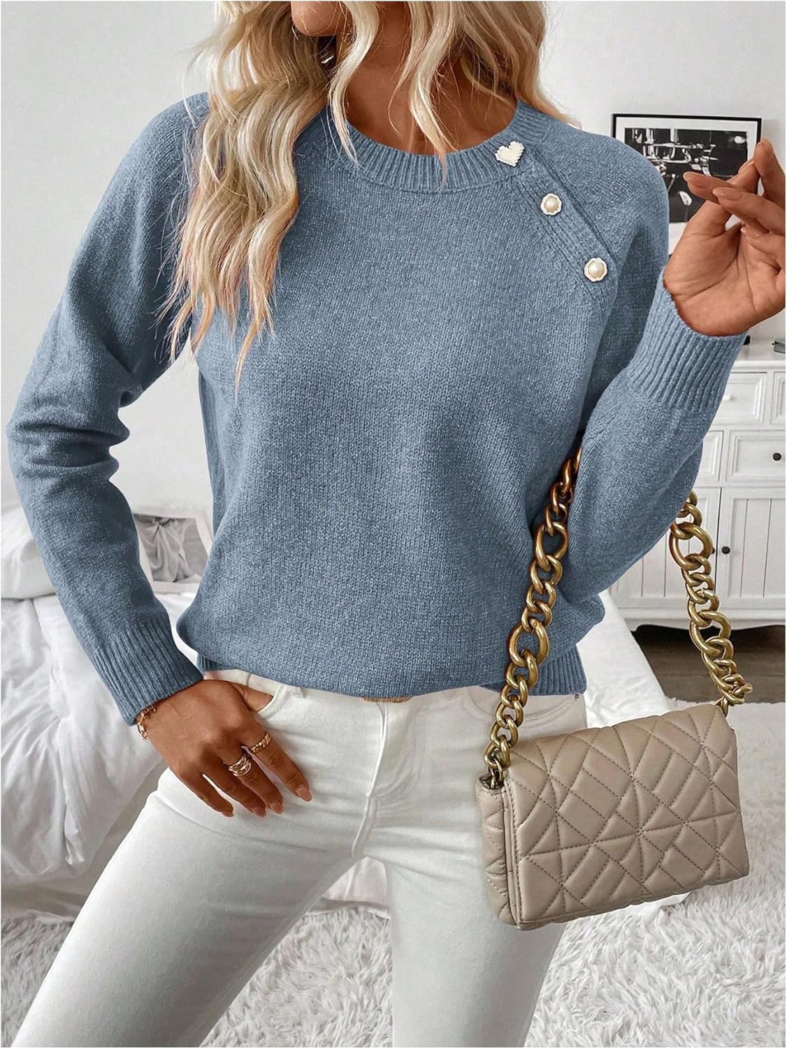 Women's Button Down Knitted Sweaters Crew Neck Long Sleeve Jumper Fall Tops