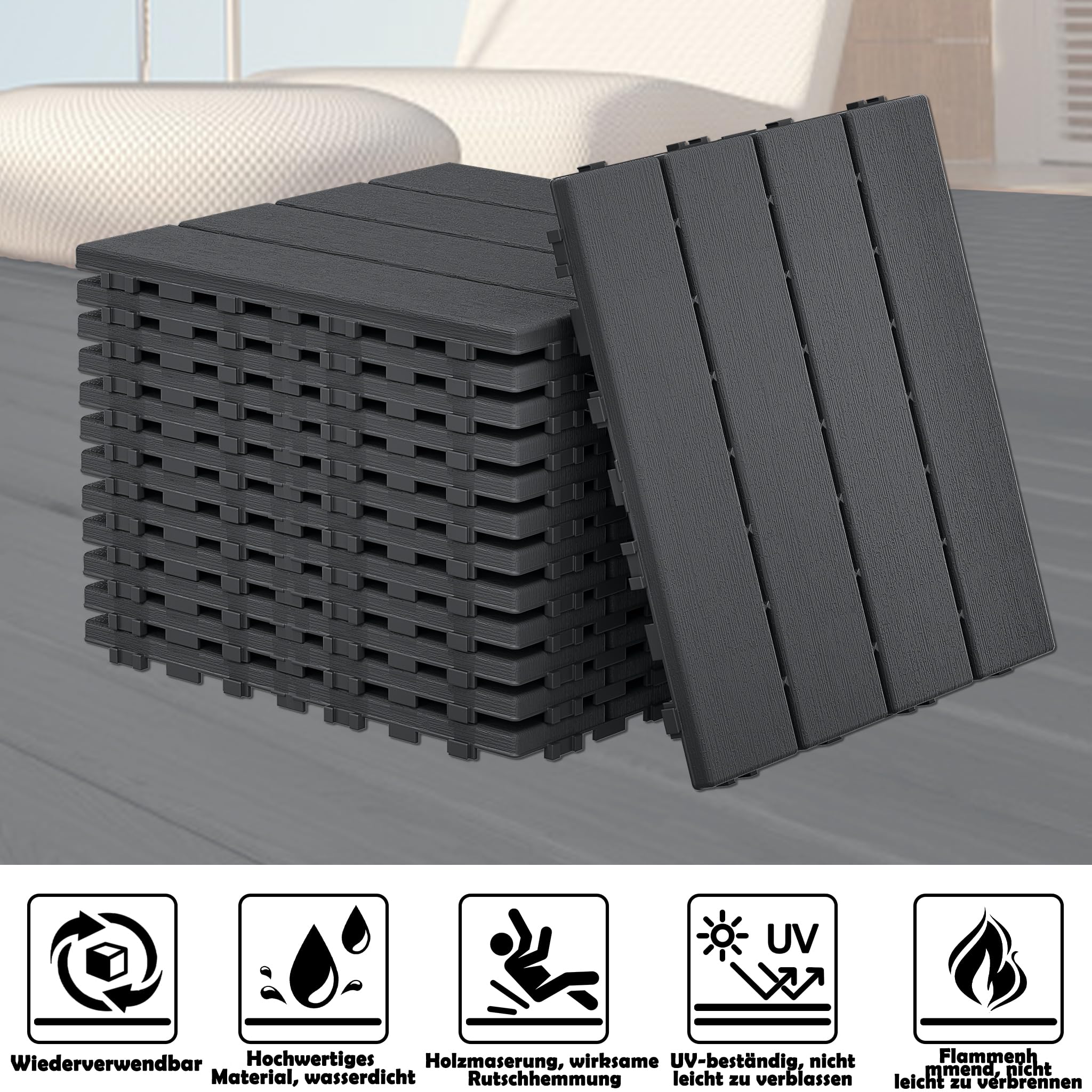 UISEBRT Lot de 44 dalles de terrasse à clipser, avec aspect grain de bois, résistantes aux intempéries, avec fonction de drainage, 30 x 30 cm, anthracite
