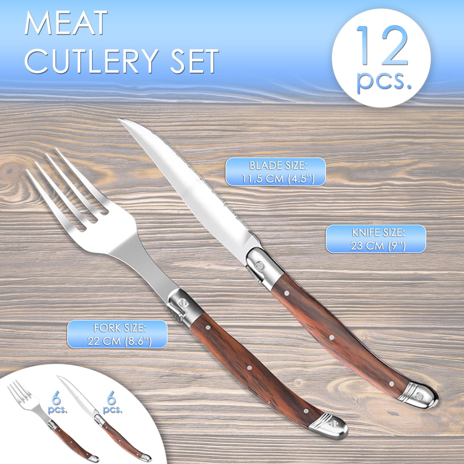 Posate da bistecca acciaio inox legno 12 pezzi con 6 pezzi di coltelli da bistecca da 23 cm e 6 pezzi di forchette da tavola da 22 cm