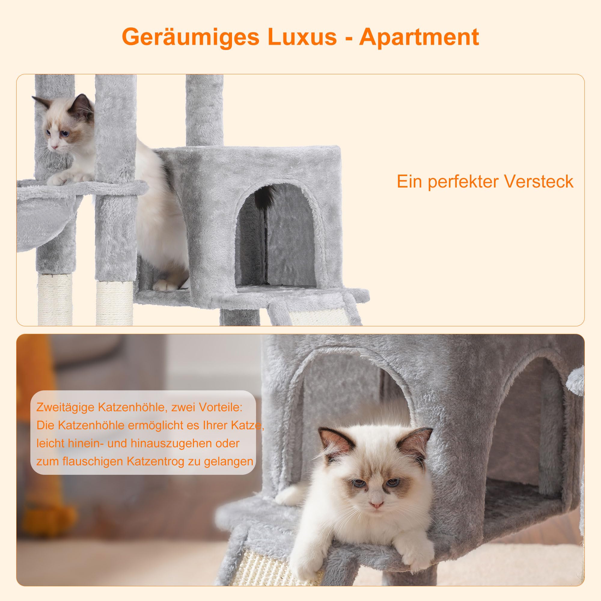 Heybly Kratzbaum mit Katzenbürste, Katzenbaum für Hauskatzen mit Gepolsterter Sitzstange aus Plüsch, Katzenkratzbaum mit Korb, Kratzbrett und Kratzbaum, Hellgrau HCT005SW