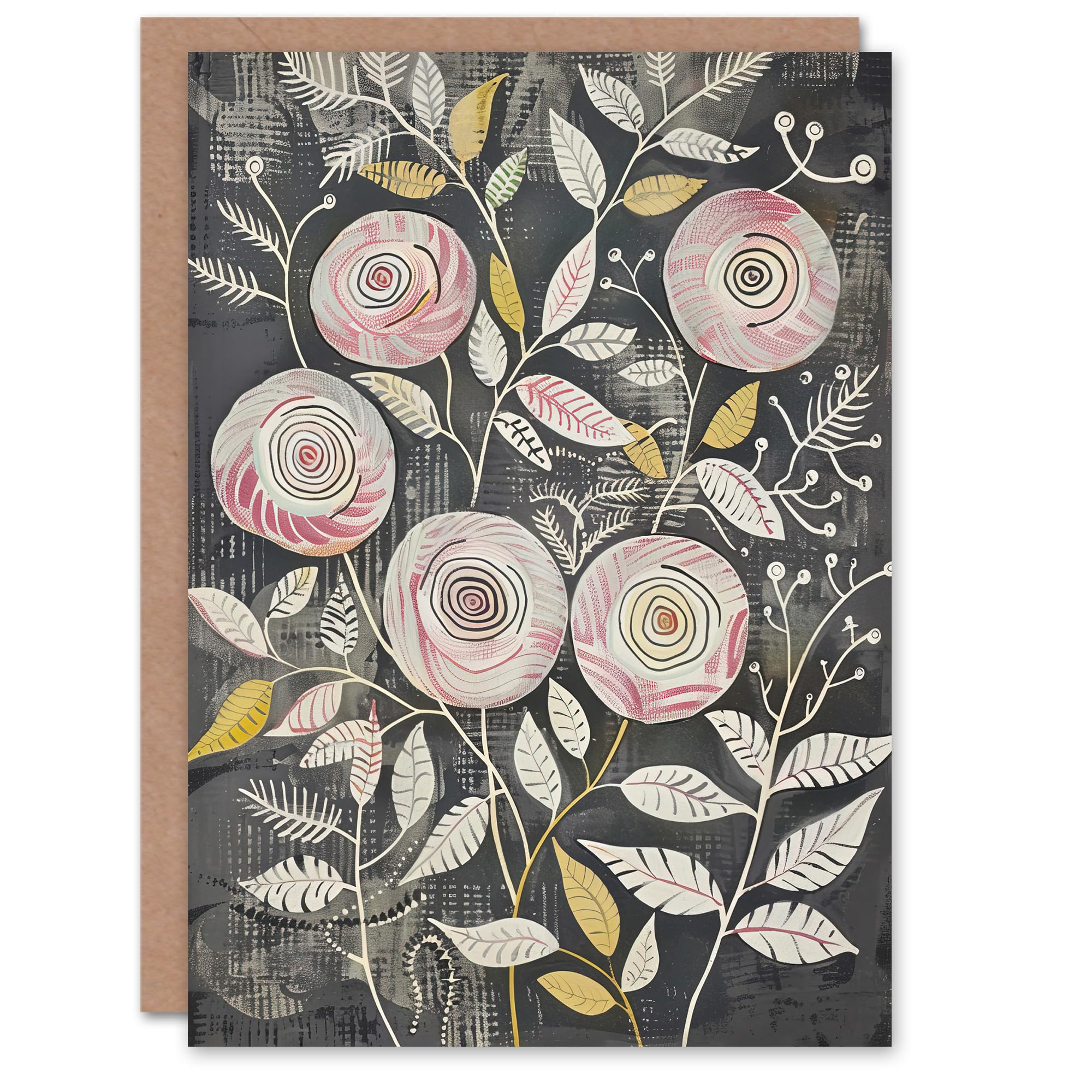 Artery8 Greeting Card Rose Flowers Pink Grey Folk Art Patterns Blank For Her Woman Birthday Card